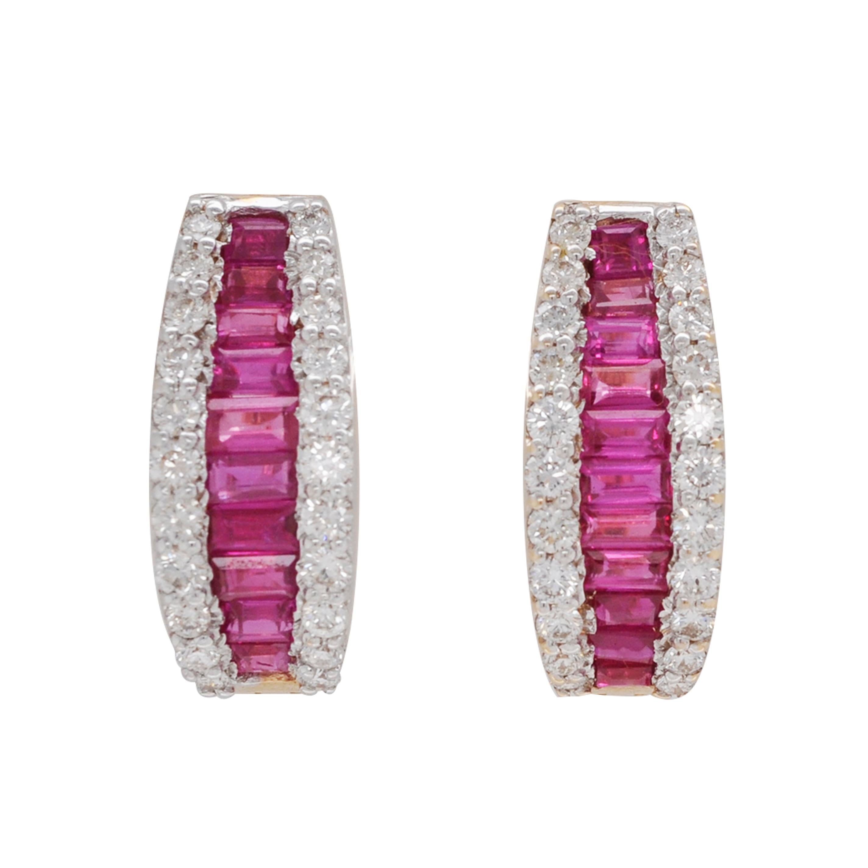 Women's 18 Karat Gold Natural Ruby Diamond Huggies Pendant Necklace Earrings Ring Set For Sale