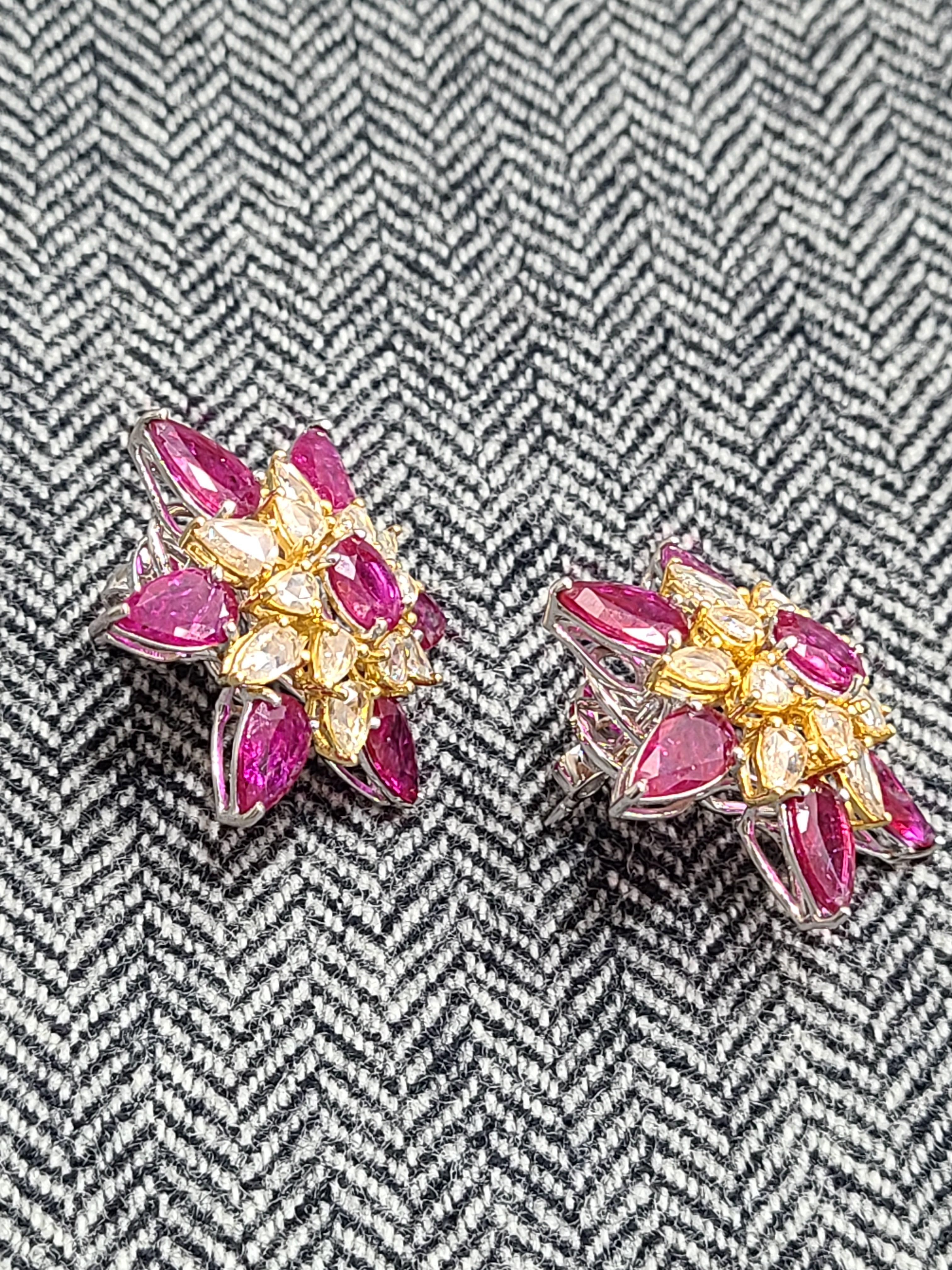 18 Karat Gold Natural Ruby Earrings with Rose Cut Diamonds In New Condition For Sale In Hong Kong, HK