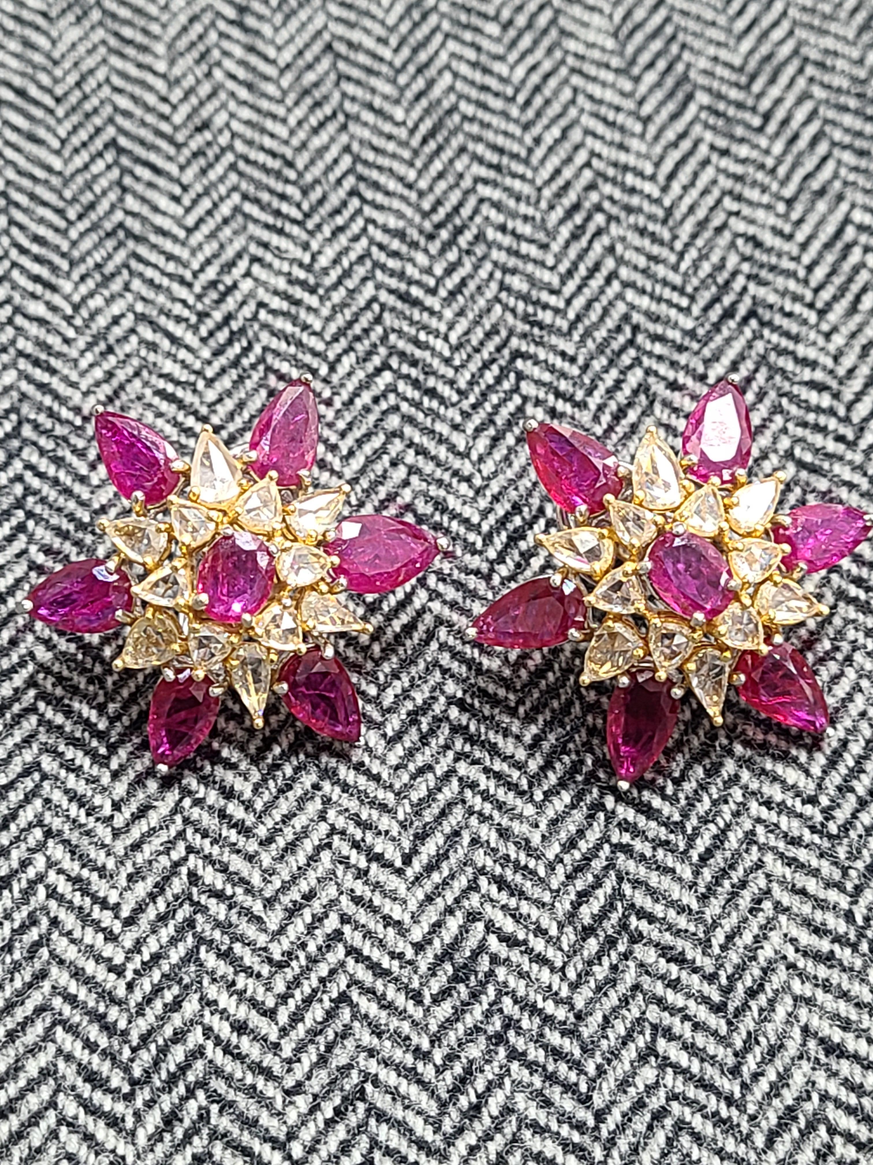 18 Karat Gold Natural Ruby Earrings with Rose Cut Diamonds For Sale 3