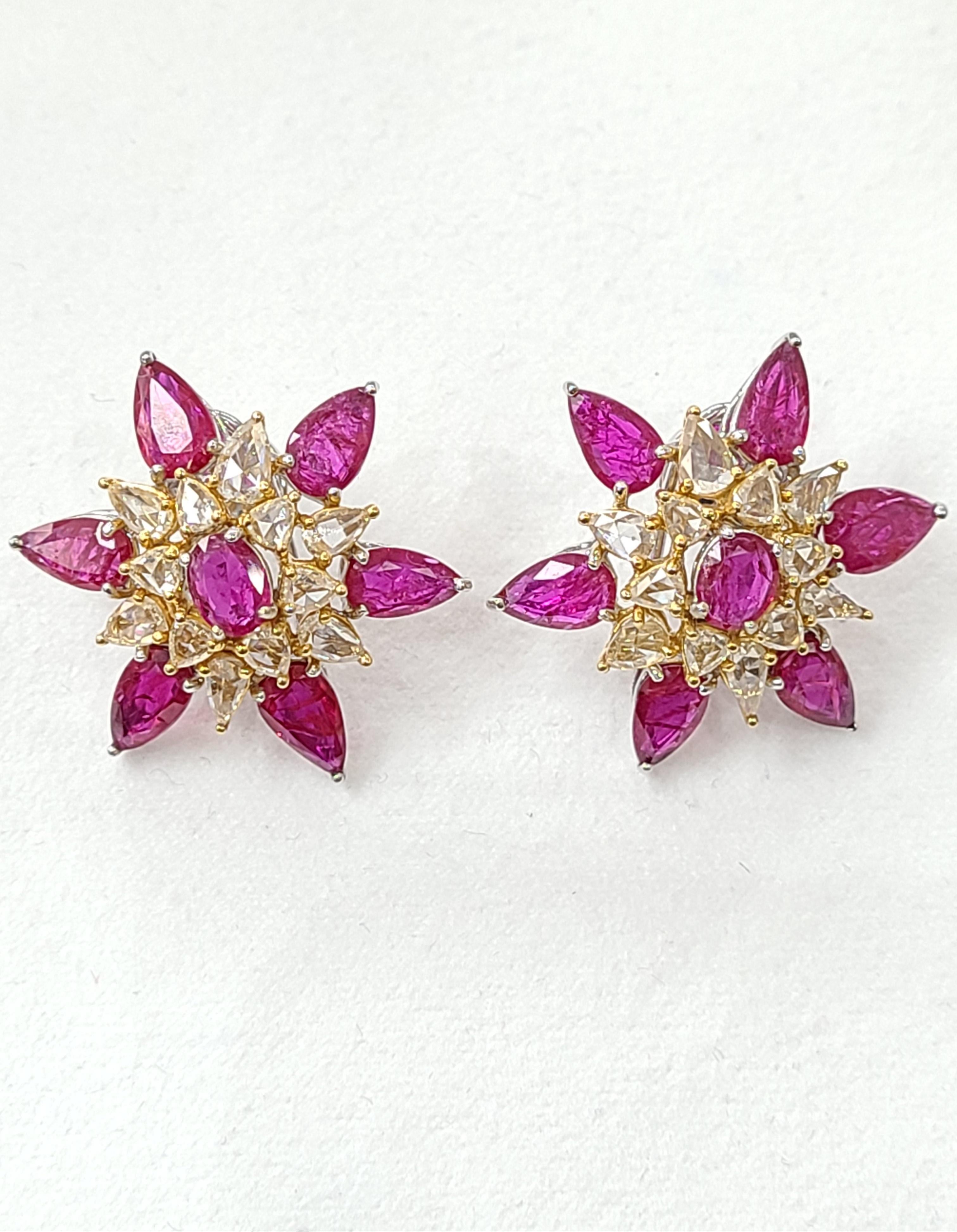 18 Karat Gold Natural Ruby Earrings with Rose Cut Diamonds For Sale 4