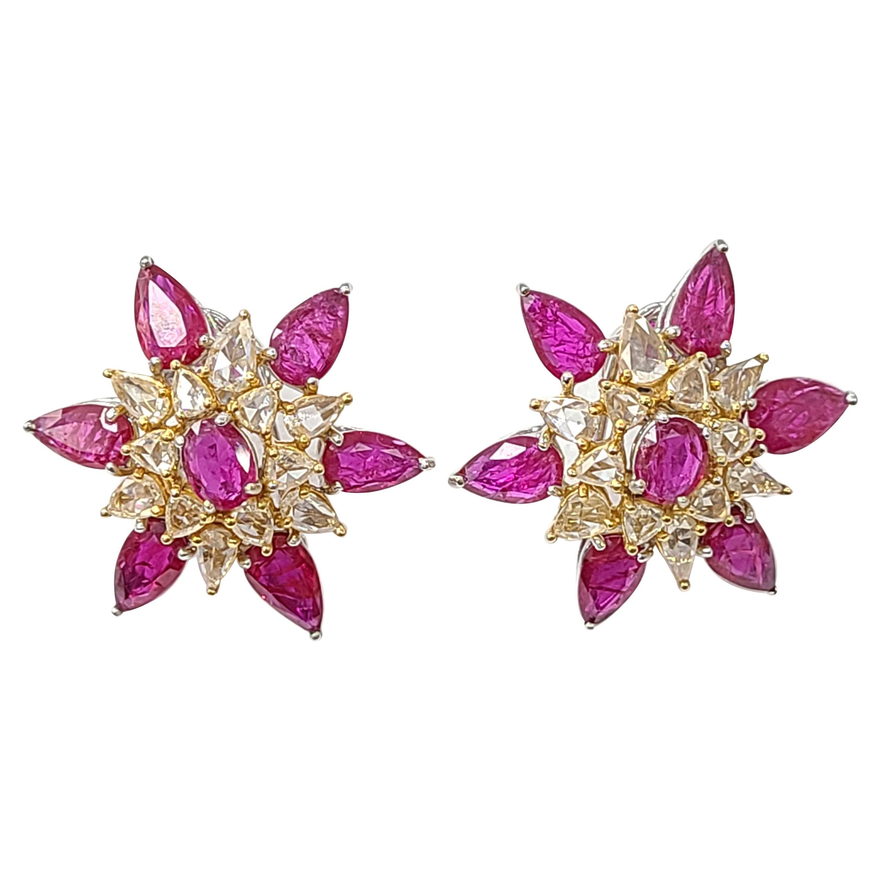 18 Karat Gold Ohrringe mit natürlichem Rubin und Diamanten im Rosenschliff