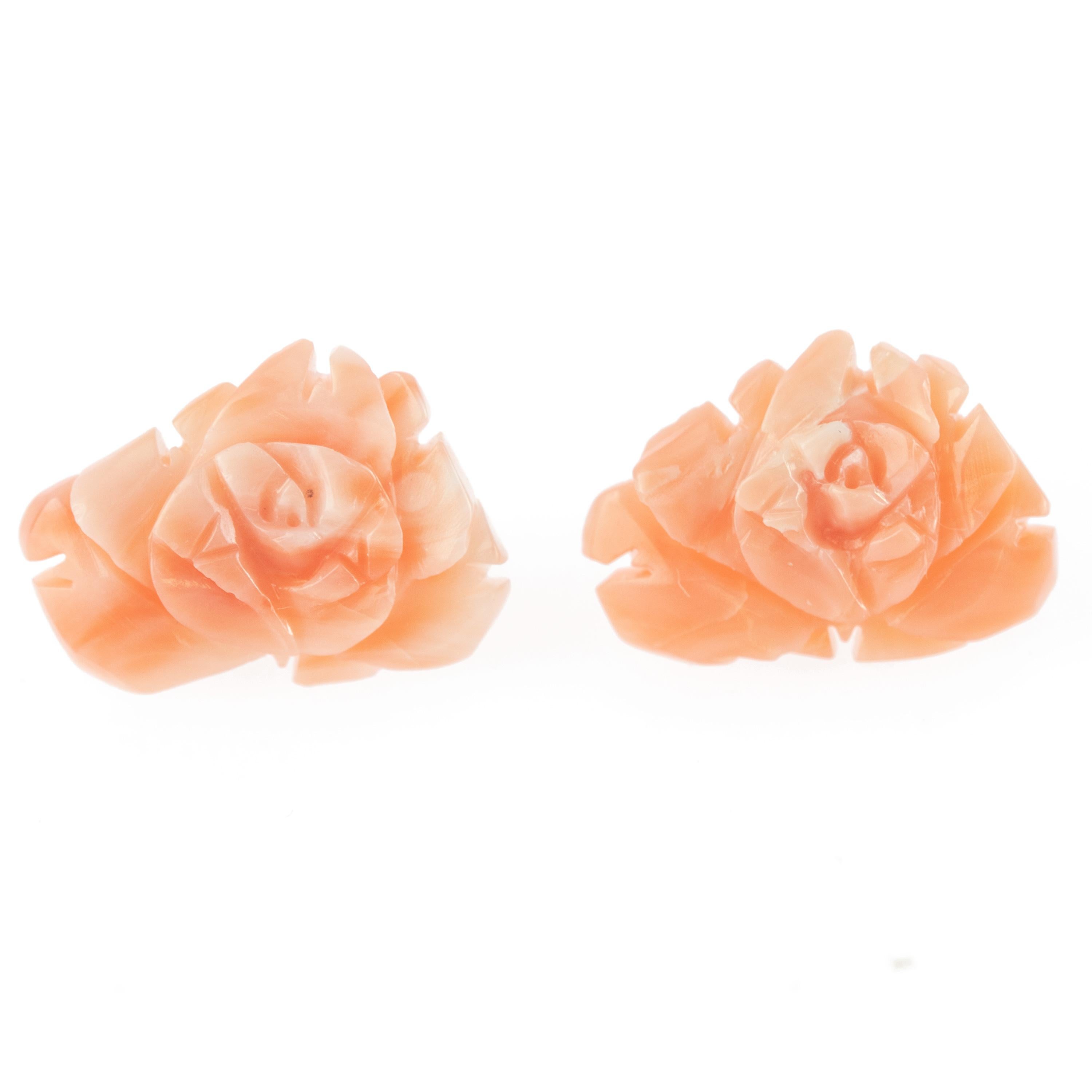 18 Karat Gold Natural Salmon Coral Carved Rose Flower Stud Crafted Girl Earrings For Sale 3