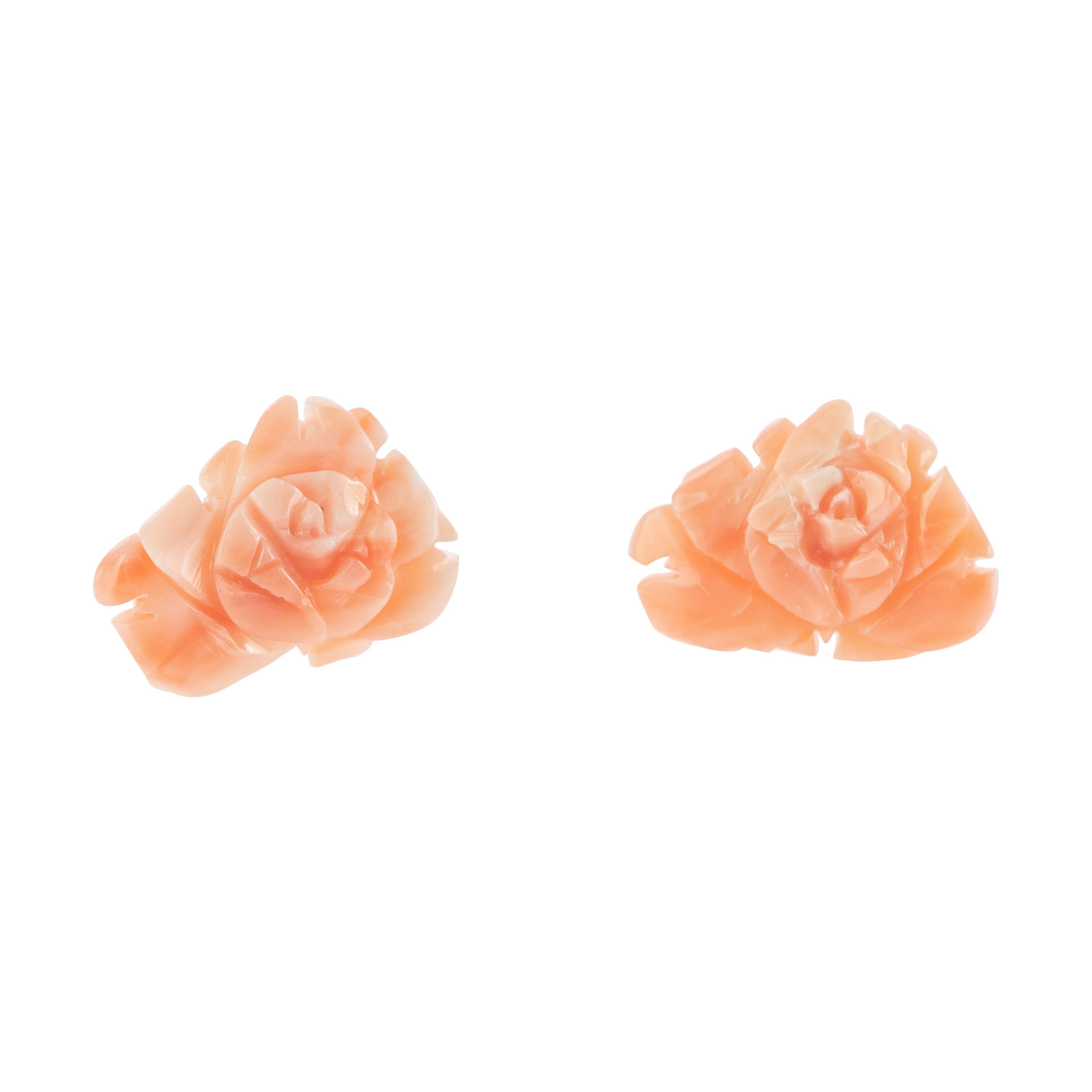 18 Karat Gold Natural Salmon Coral Carved Rose Flower Stud Crafted Girl Earrings For Sale