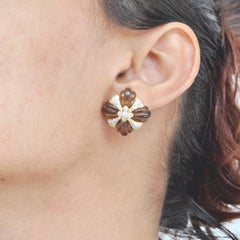 18 Karat Gold Natural Smoky Quartz One-of-a-Kind Carving Diamond Stud Earrings