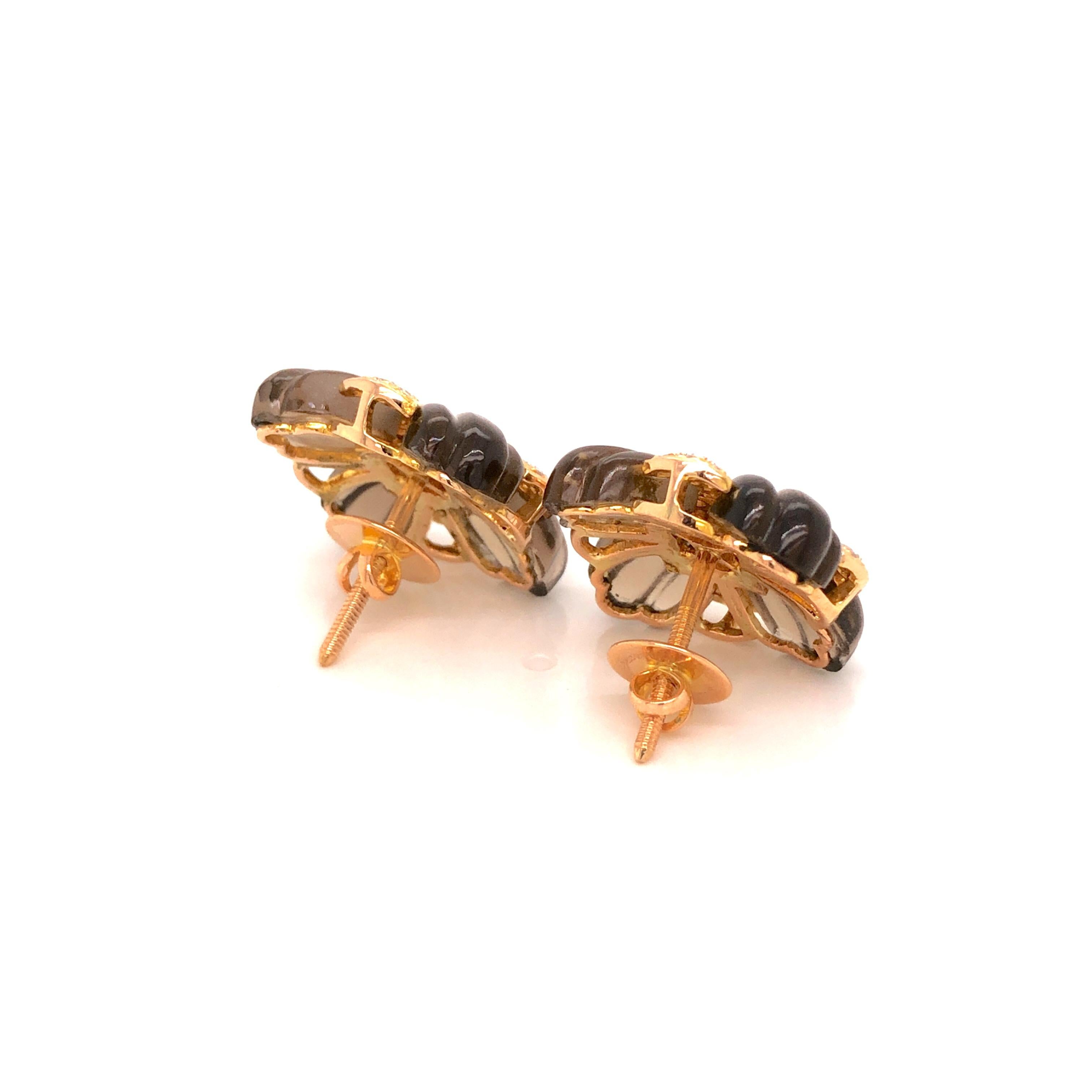 Mixed Cut 18 Karat Gold Natural Smoky Quartz One-of-a-Kind Carving Diamond Stud Earrings For Sale