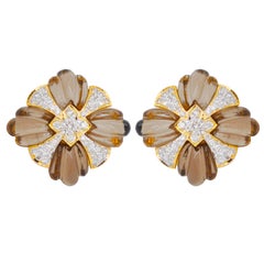 18 Karat Gold Natural Smoky Quartz One-of-a-Kind Carving Diamond Stud Earrings