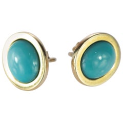 18 Karat Gold Natural Turquoise Oval Stud Deco Cocktail Earrings
