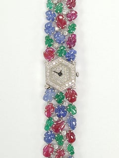 18 Karat Gold Natural Ruby, Sapphire and Emerald Watch with Diamonds