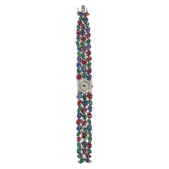 18 Karat Gold Natural Ruby, Sapphire and Emerald Watch with Diamonds