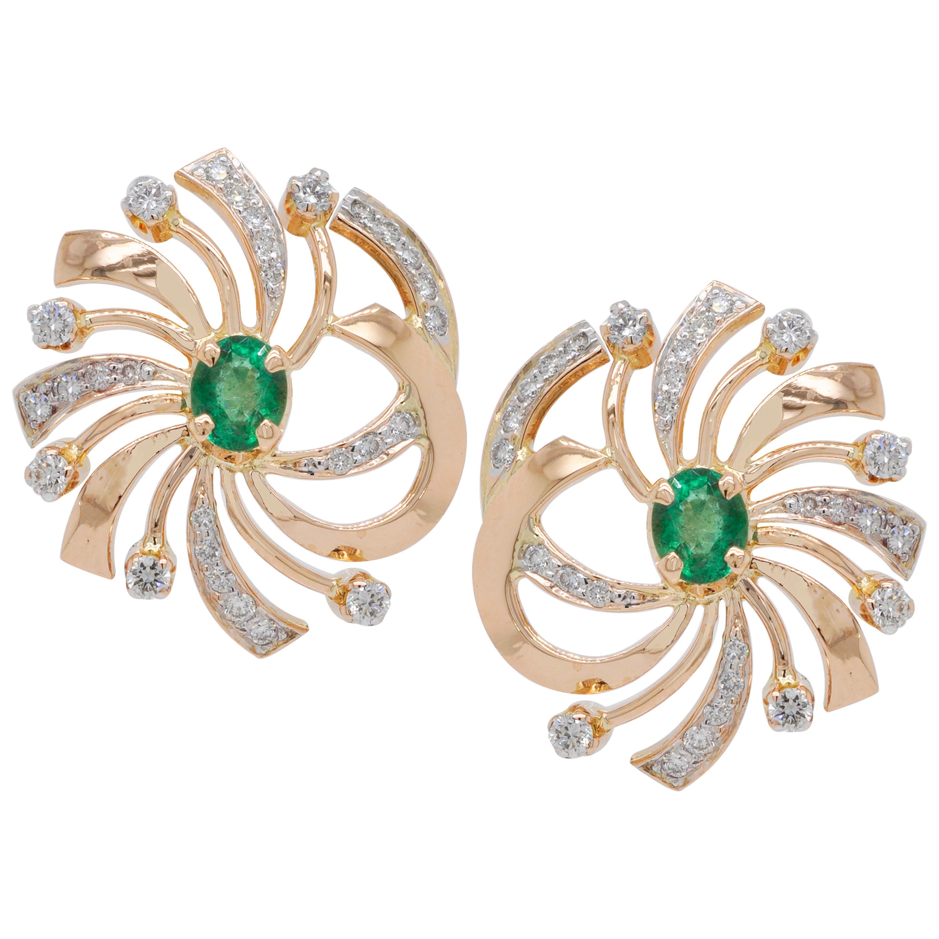 18 Karat Gold Natural Zambian Emerald Swirl Diamond Pendant Earrings Set For Sale 12