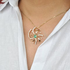 18 Karat Gold Natural Zambian Emerald Swirl Diamond Pendant Earrings Set