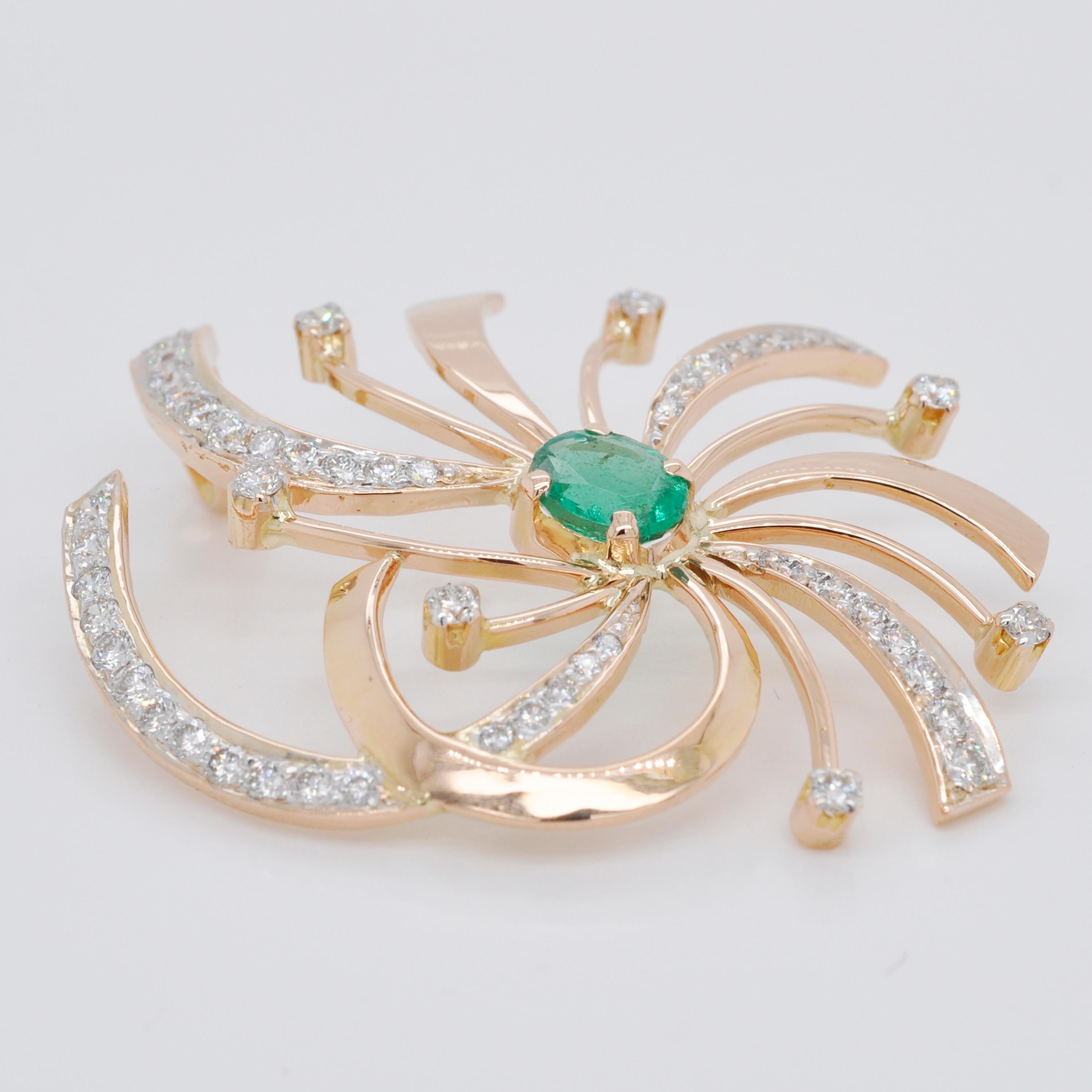 Women's 18 Karat Gold Natural Zambian Emerald Swirl Diamond Pendant Earrings Set For Sale