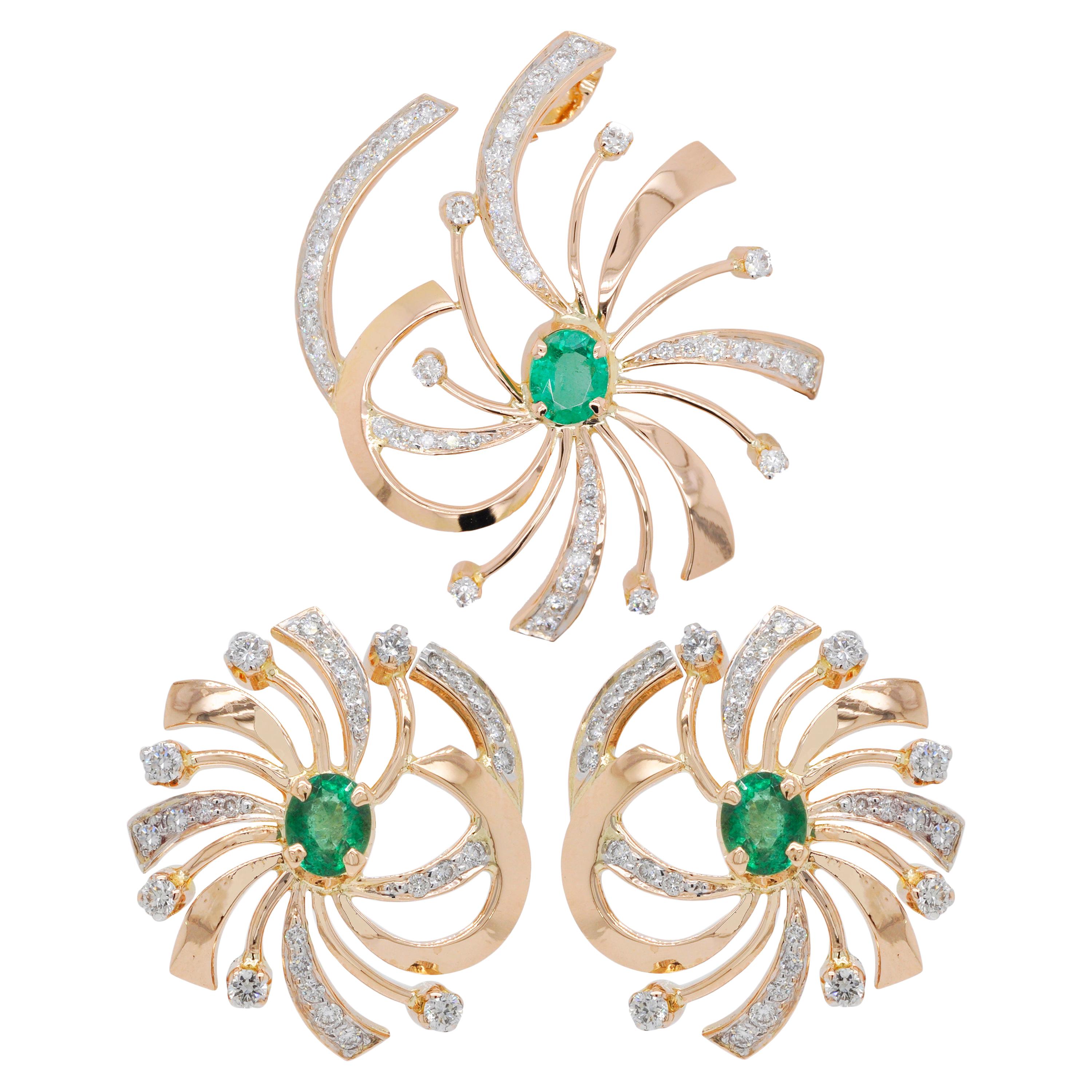 18 Karat Gold Natural Zambian Emerald Swirl Diamond Pendant Earrings Set For Sale