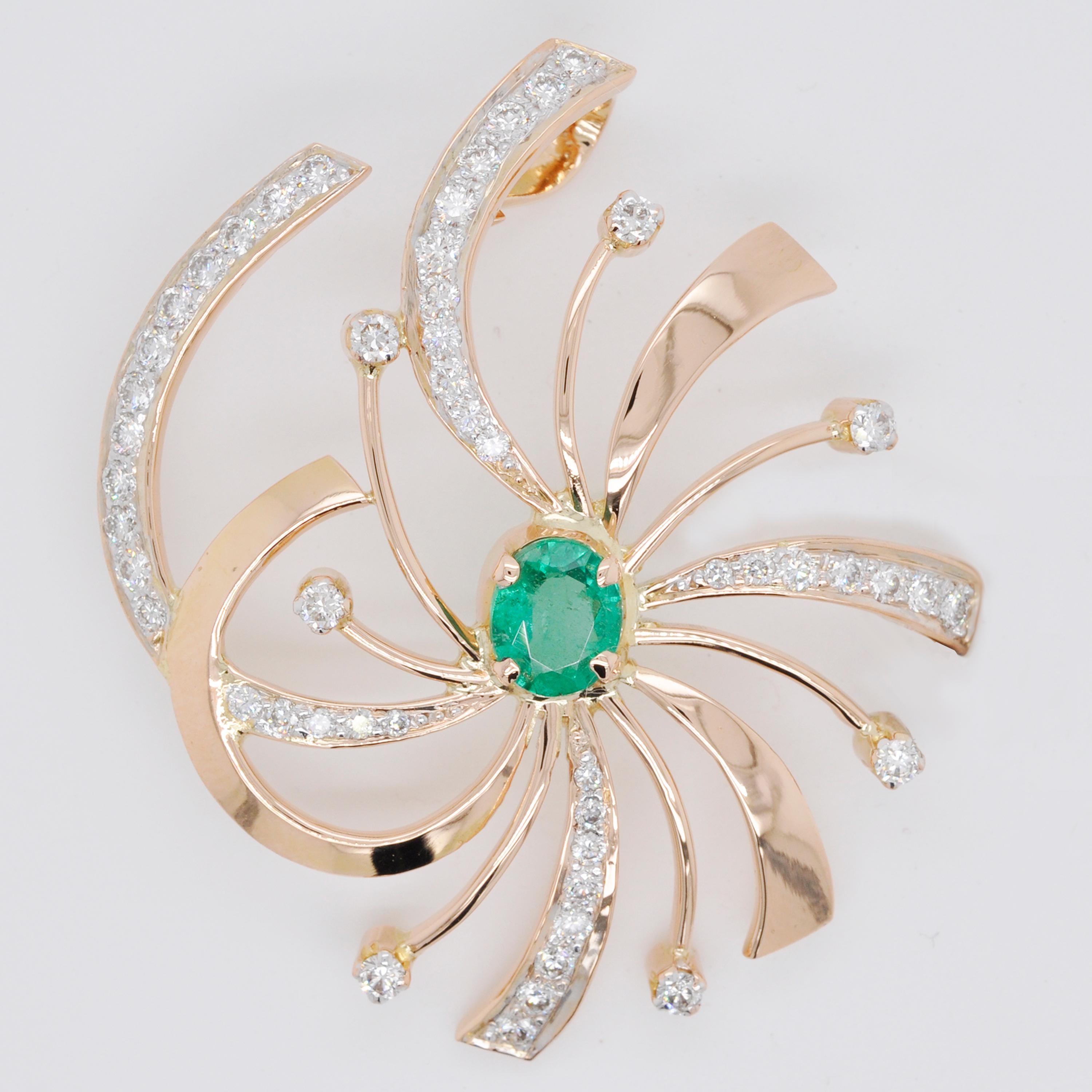 Taille ovale Collier pendentif en or 18 carats avec diamants et émeraudes naturelles de Zambie tourbillonnantes en vente