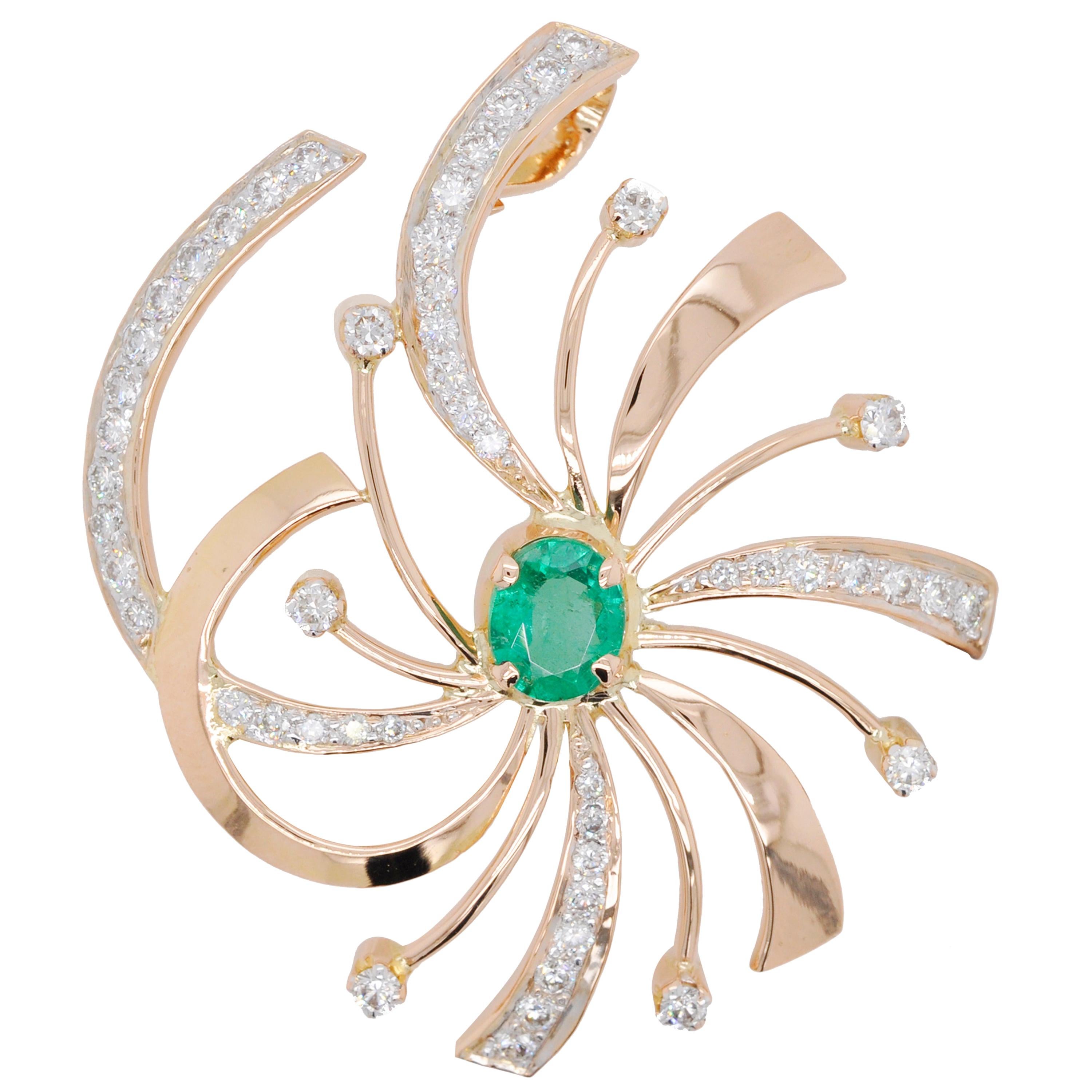 18 Karat Gold Natural Zambian Emerald Swirl Diamond Pendant Necklace For Sale