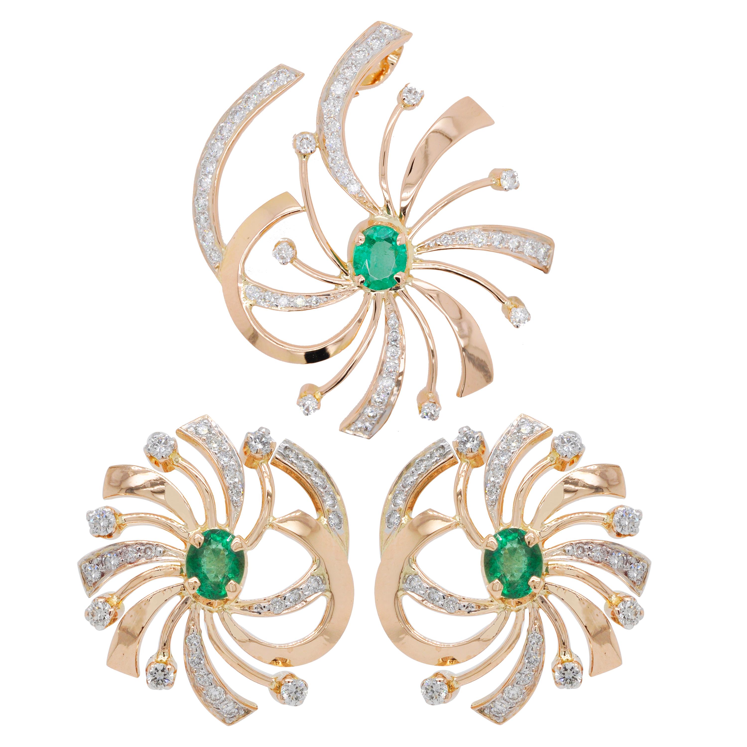 18 Karat Gold Natural Zambian Emerald Swirl Diamond Stud Earrings For Sale 3