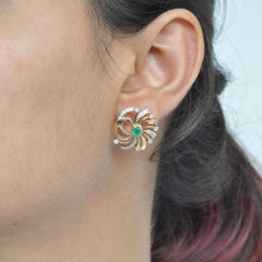 18 Karat Gold Natural Zambian Emerald Swirl Diamond Stud Earrings