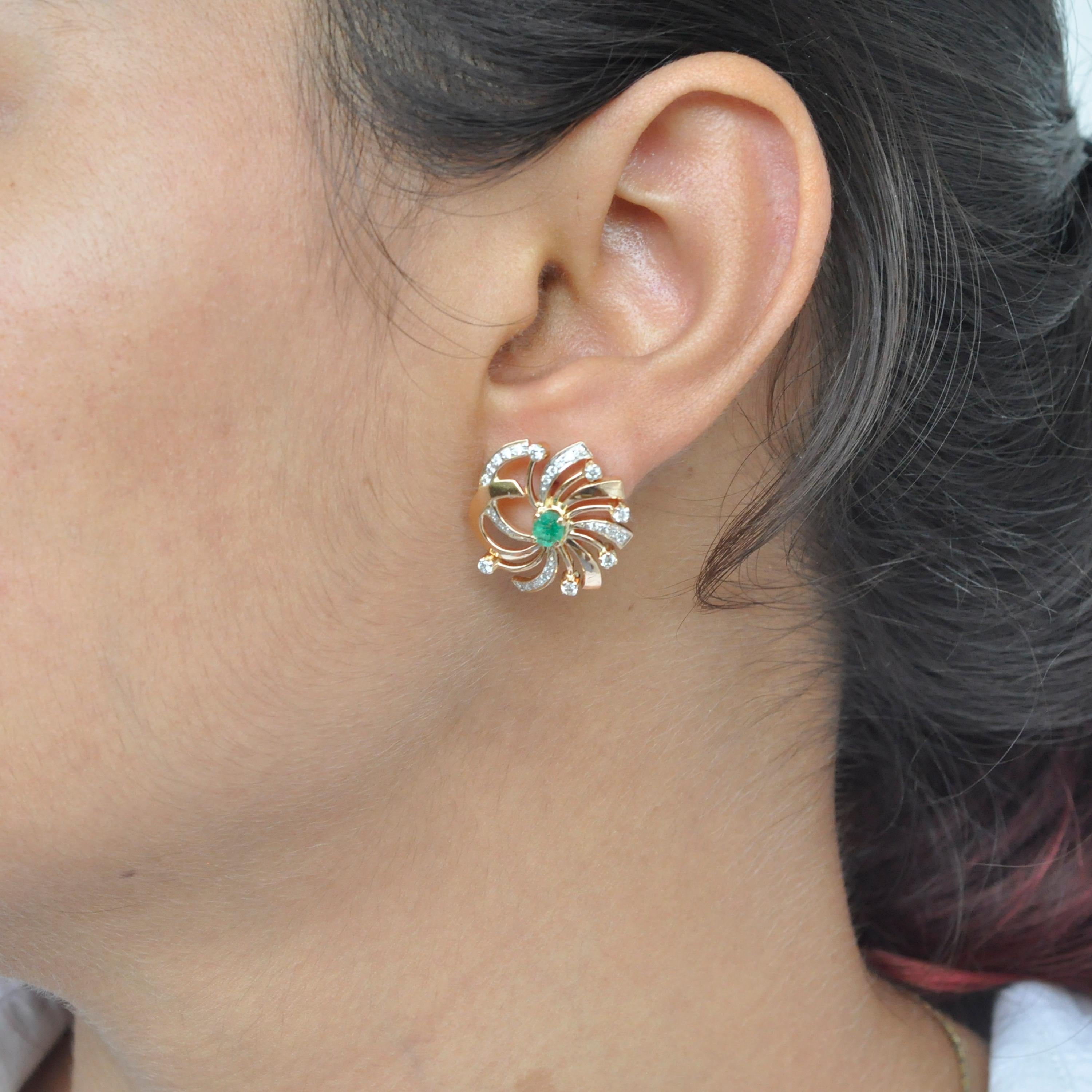 Oval Cut 18 Karat Gold Natural Zambian Emerald Swirl Diamond Stud Earrings For Sale