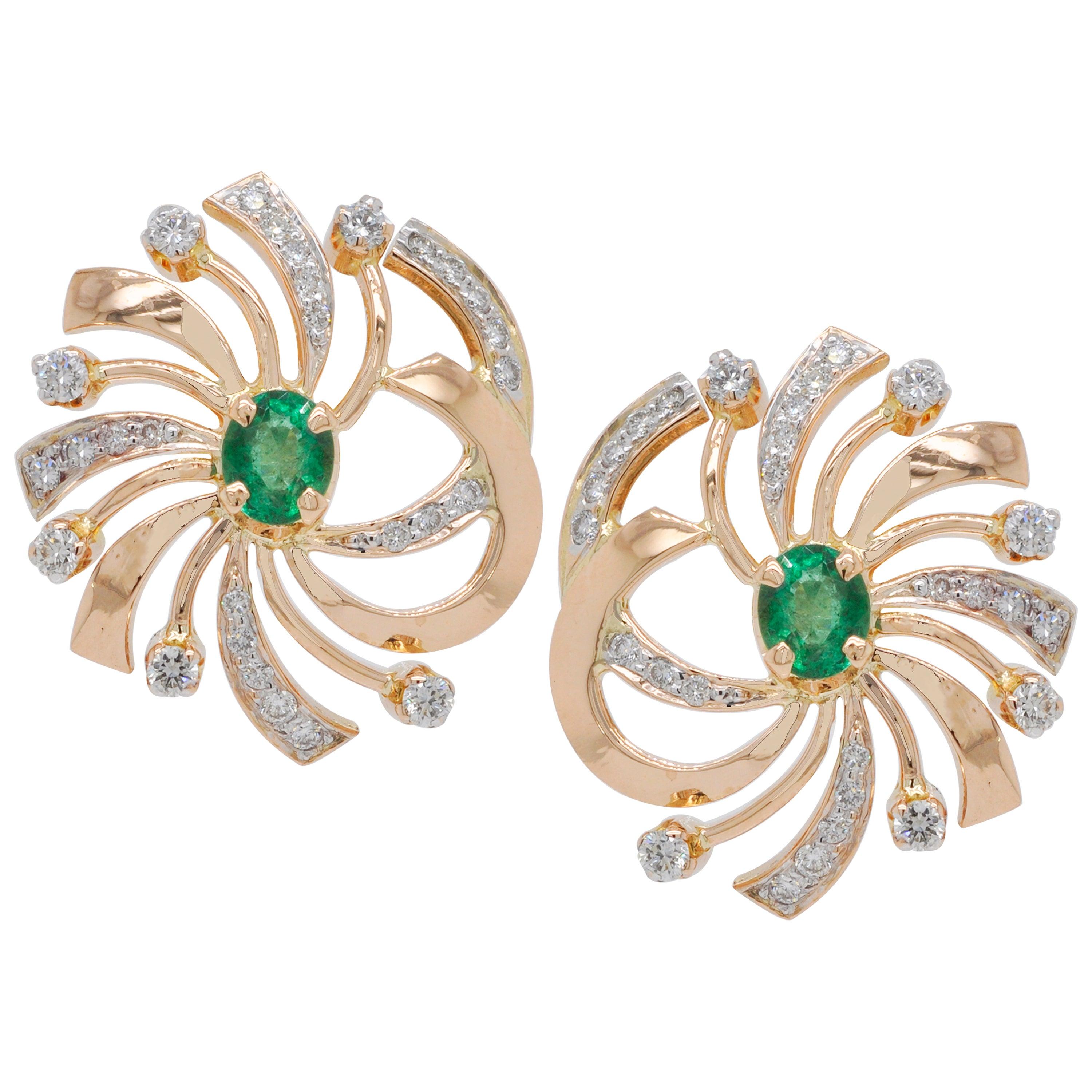 18 Karat Gold Natural Zambian Emerald Swirl Diamond Stud Earrings For Sale