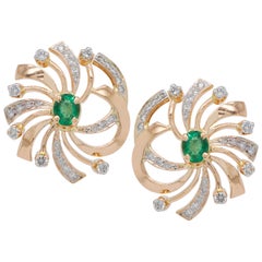 18 Karat Gold Natural Zambian Emerald Swirl Diamond Stud Earrings
