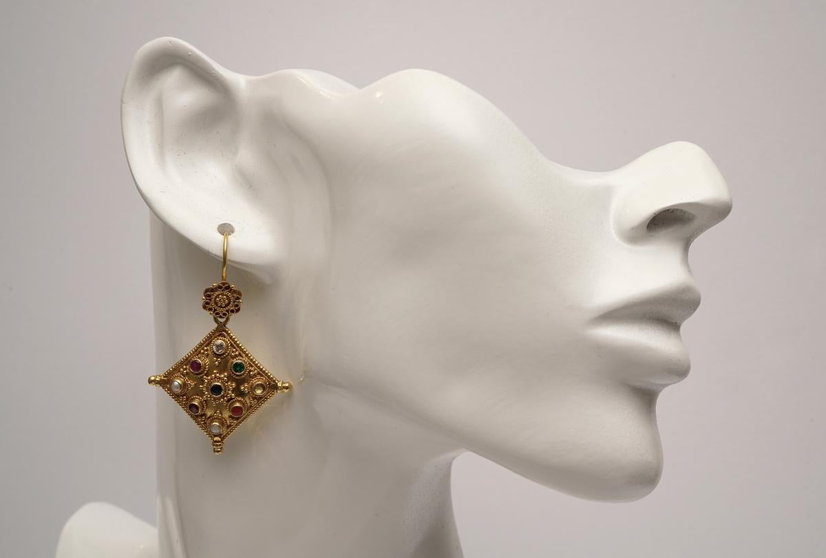 18 Karat Gold Nava Ratna Drop Earrings with Precious Stones, India 1