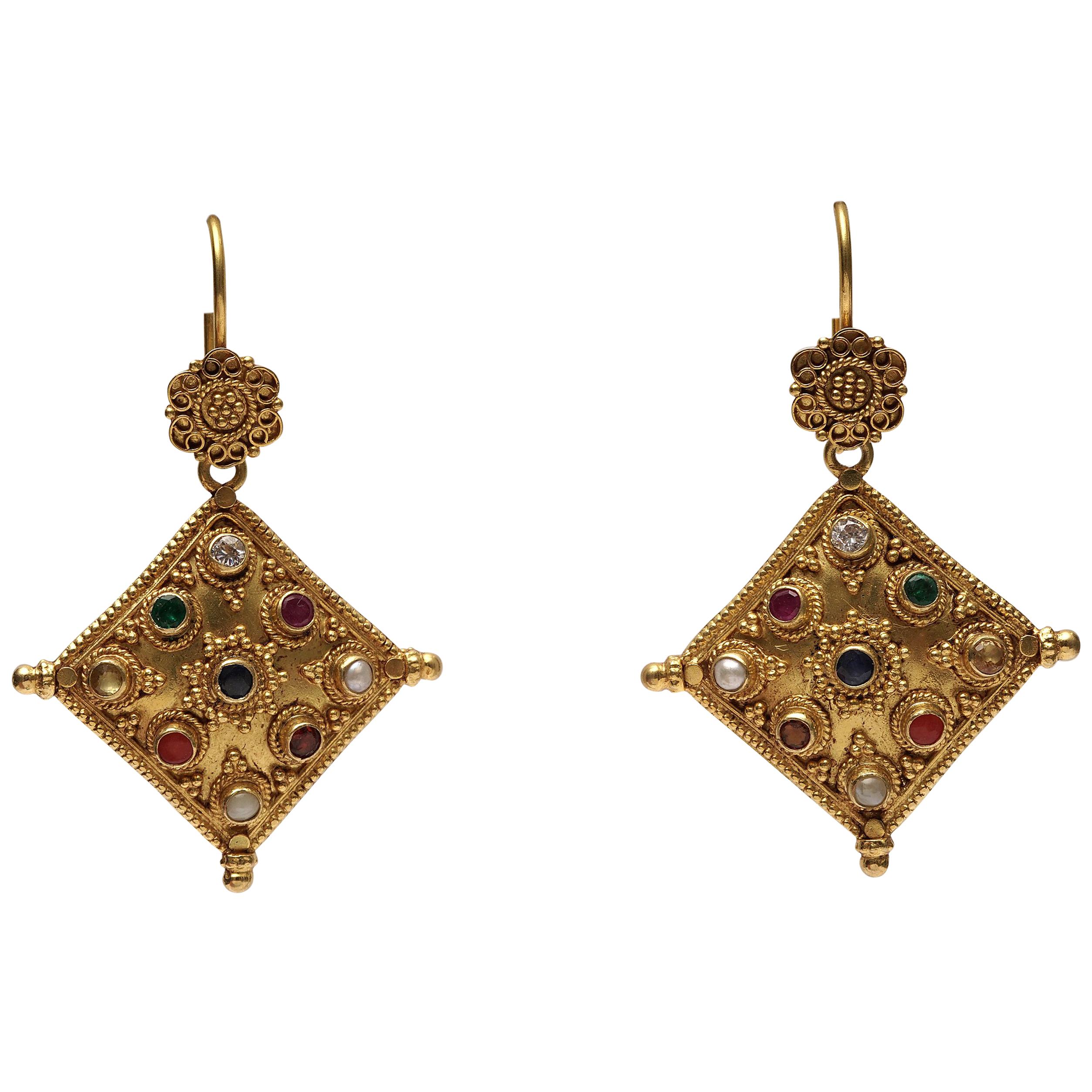 18 Karat Gold Nava Ratna Drop Earrings with Precious Stones, India