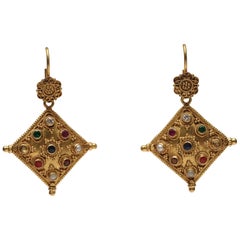 Vintage 18 Karat Gold Nava Ratna Drop Earrings with Precious Stones, India