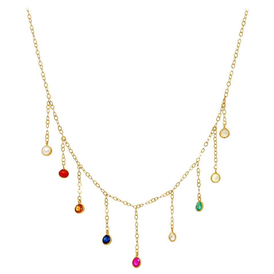 18 Karat Gold Navaratna Fringe on Sequin Chain Necklace For Sale