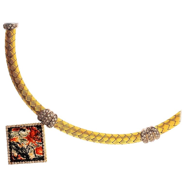 18 Karat Gold Necklace, Diamond Stations, and Moss Agate Pendant For