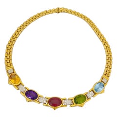 18 Karat Gold Necklace with 5 Oval Semi-Precious Stones and 1.36 Carat Diamonds