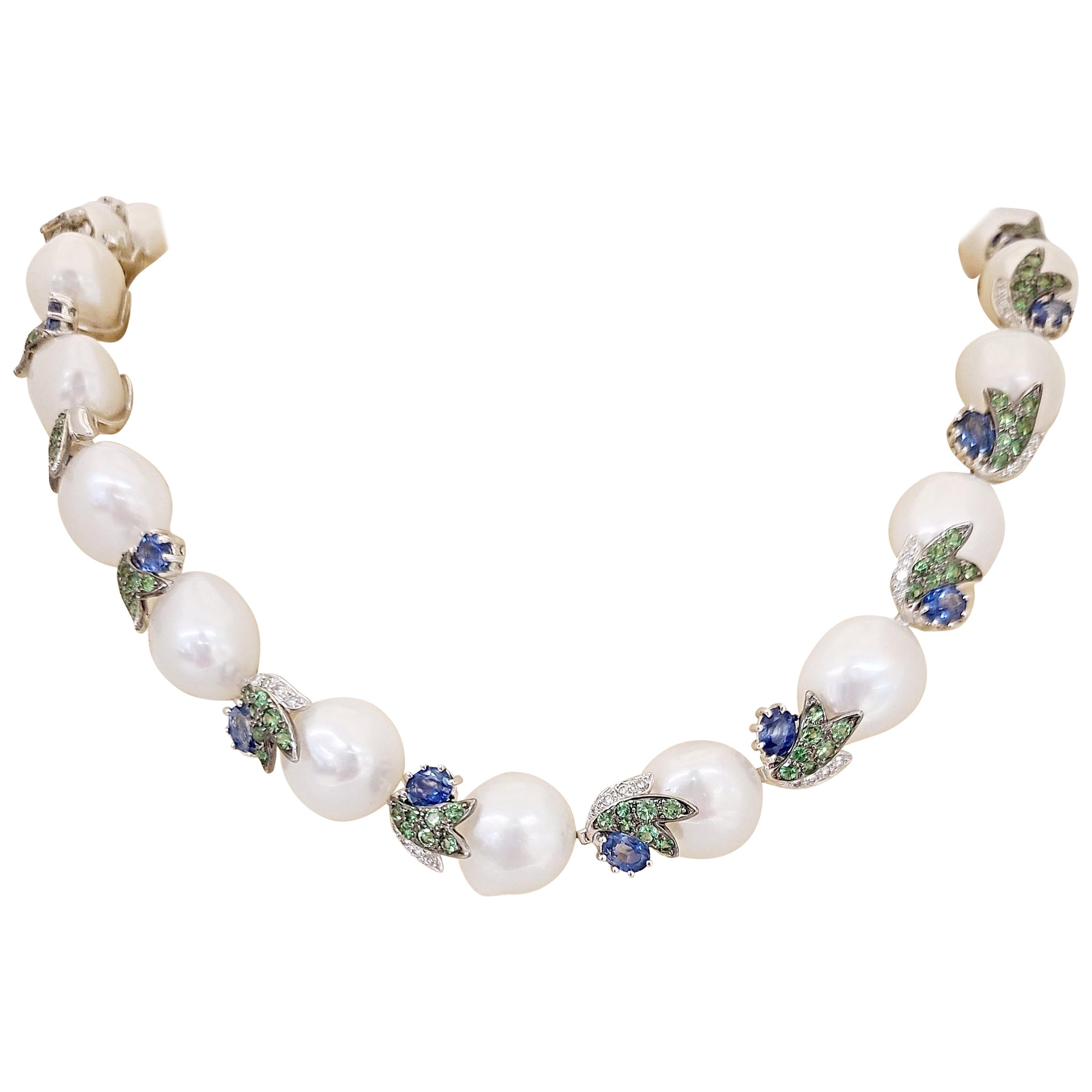 18 Karat Gold Necklace with Baroque Pearls, Sapphires, Tsavorites and Diamonds