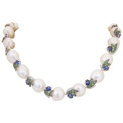 Vintage 18 Karat Gold Necklace with Baroque Pearls, Sapphires, Tsavorites and Diamonds