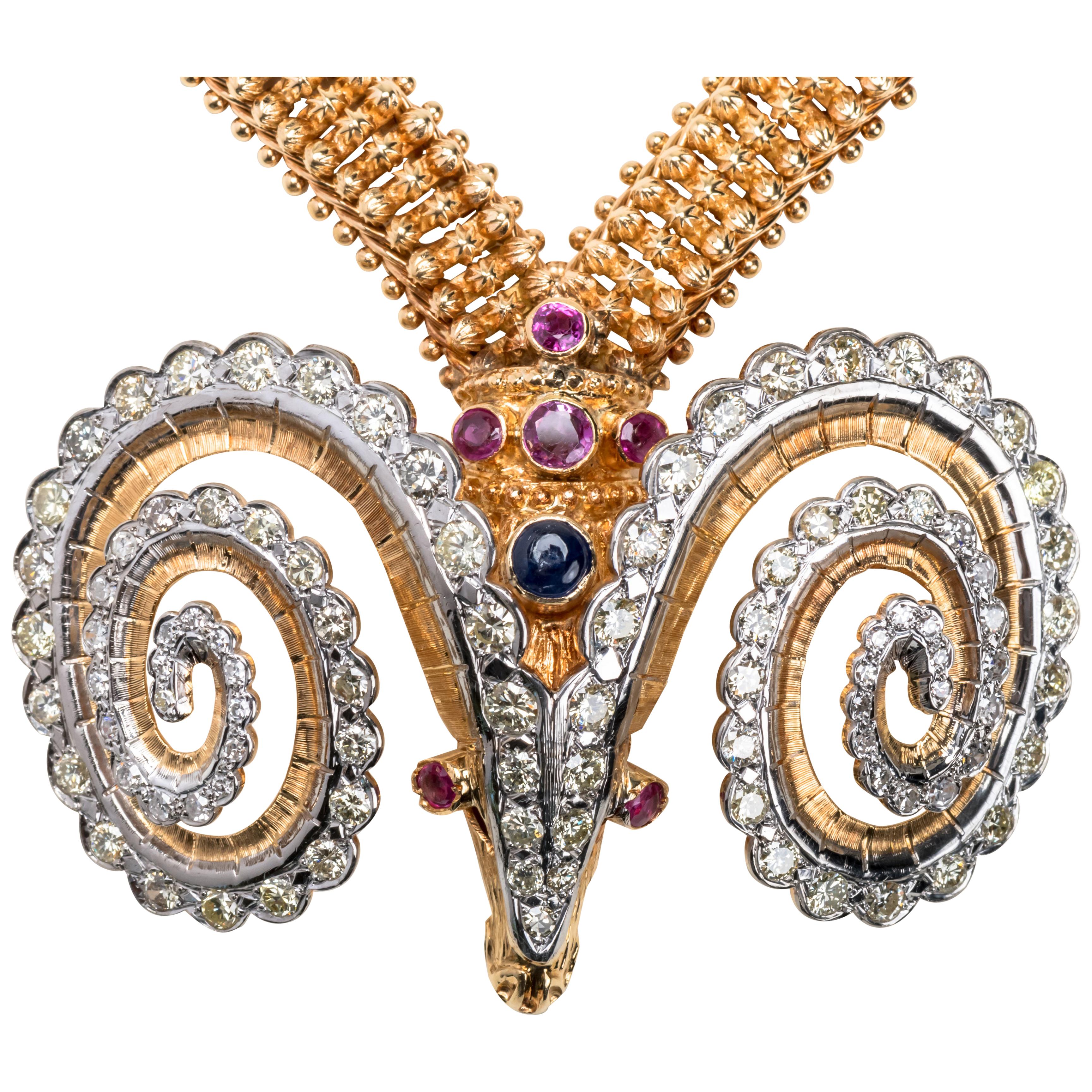 18 Karat Gold Necklace with Pendant with Diamonds Rubies and a Cabochon Sapphire For Sale