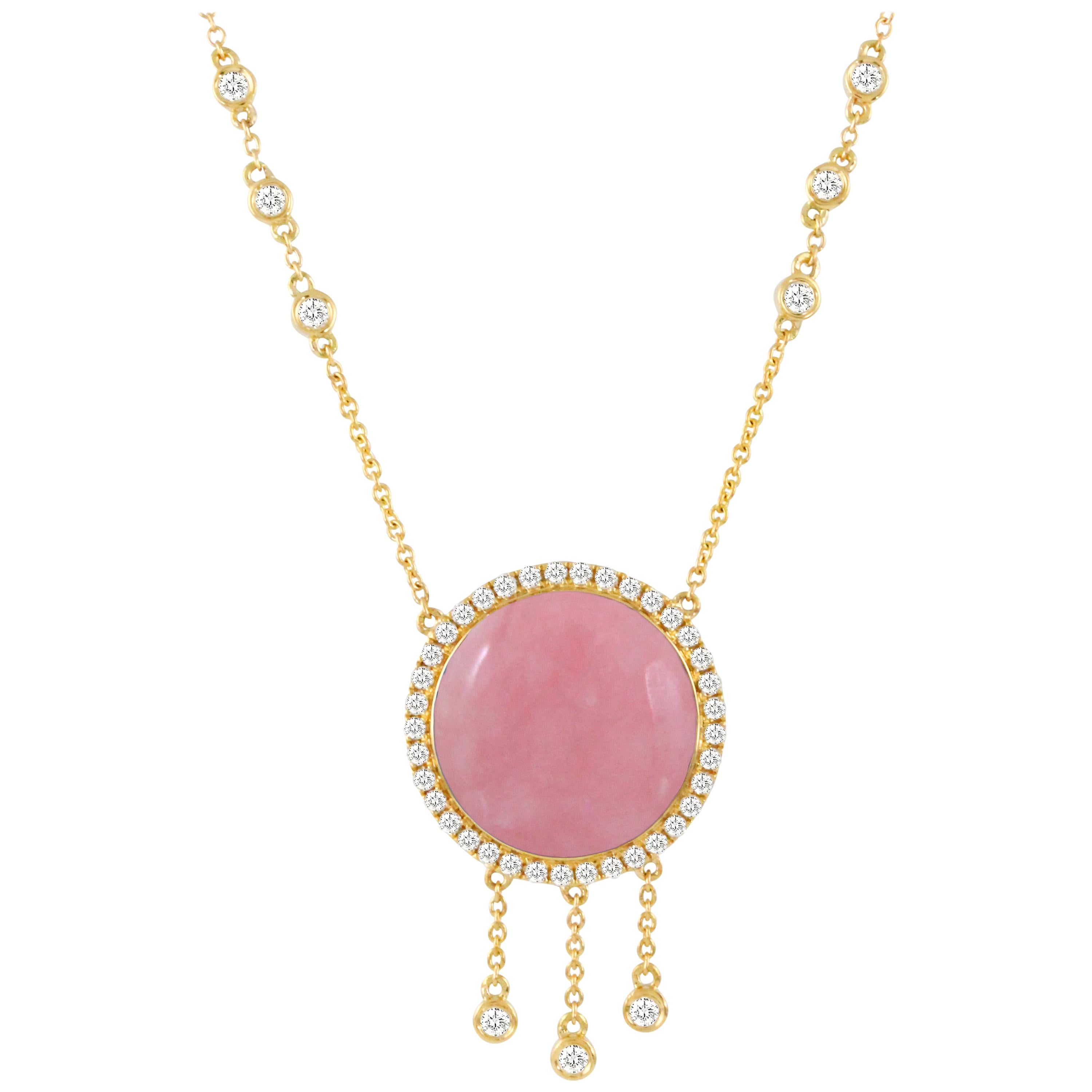 18 Karat Rose Gold Hexagon Pendant Necklace with Cabochon Pink 