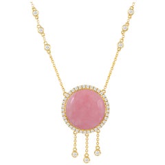 18 Karat Gold Necklace with Round Cabochon Pink Opal and Diamonds .53 Carat