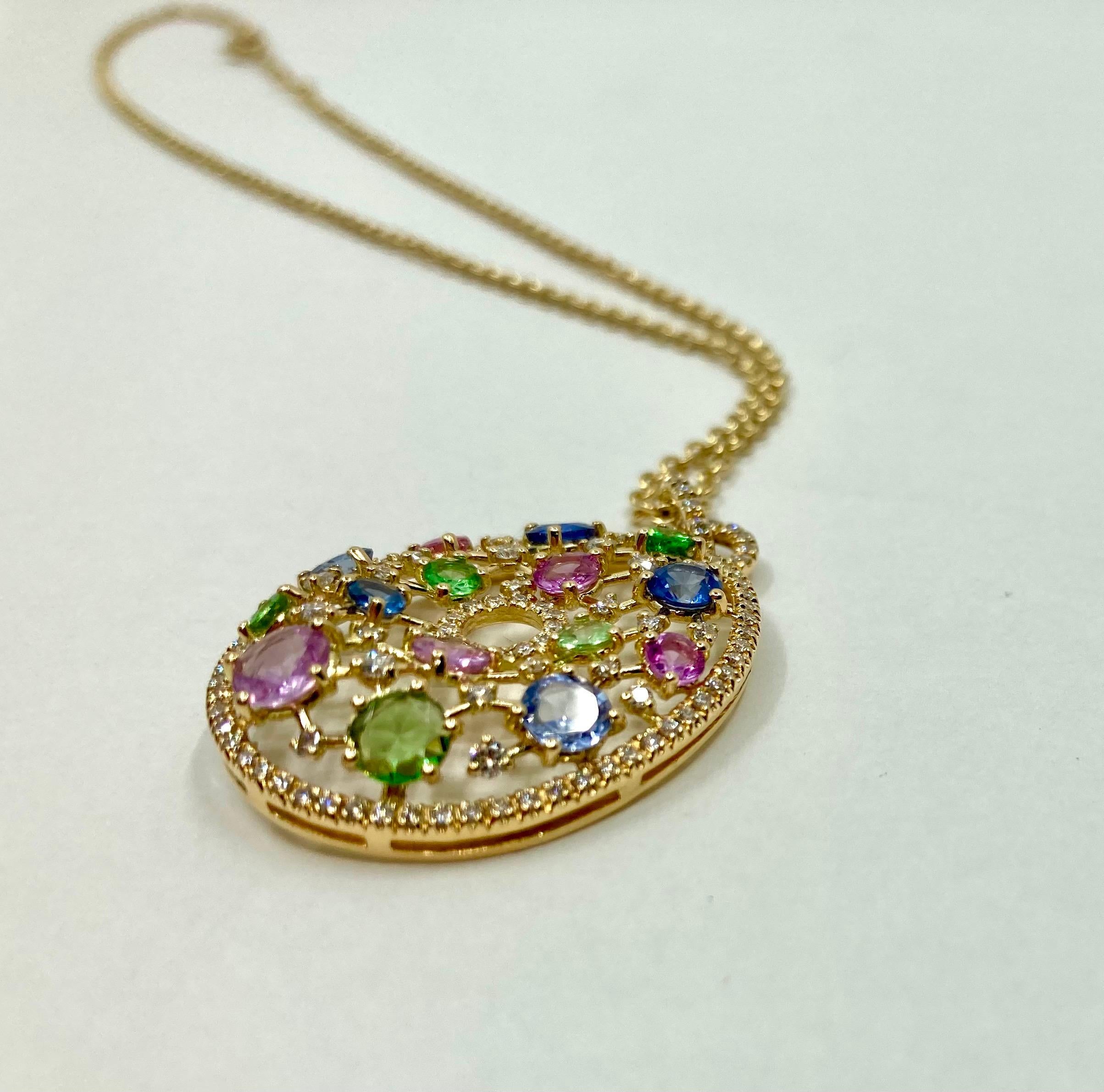 Modern 18 Karat Gold Sapphires, Diamonds and Tsavorite Italian necklace For Sale