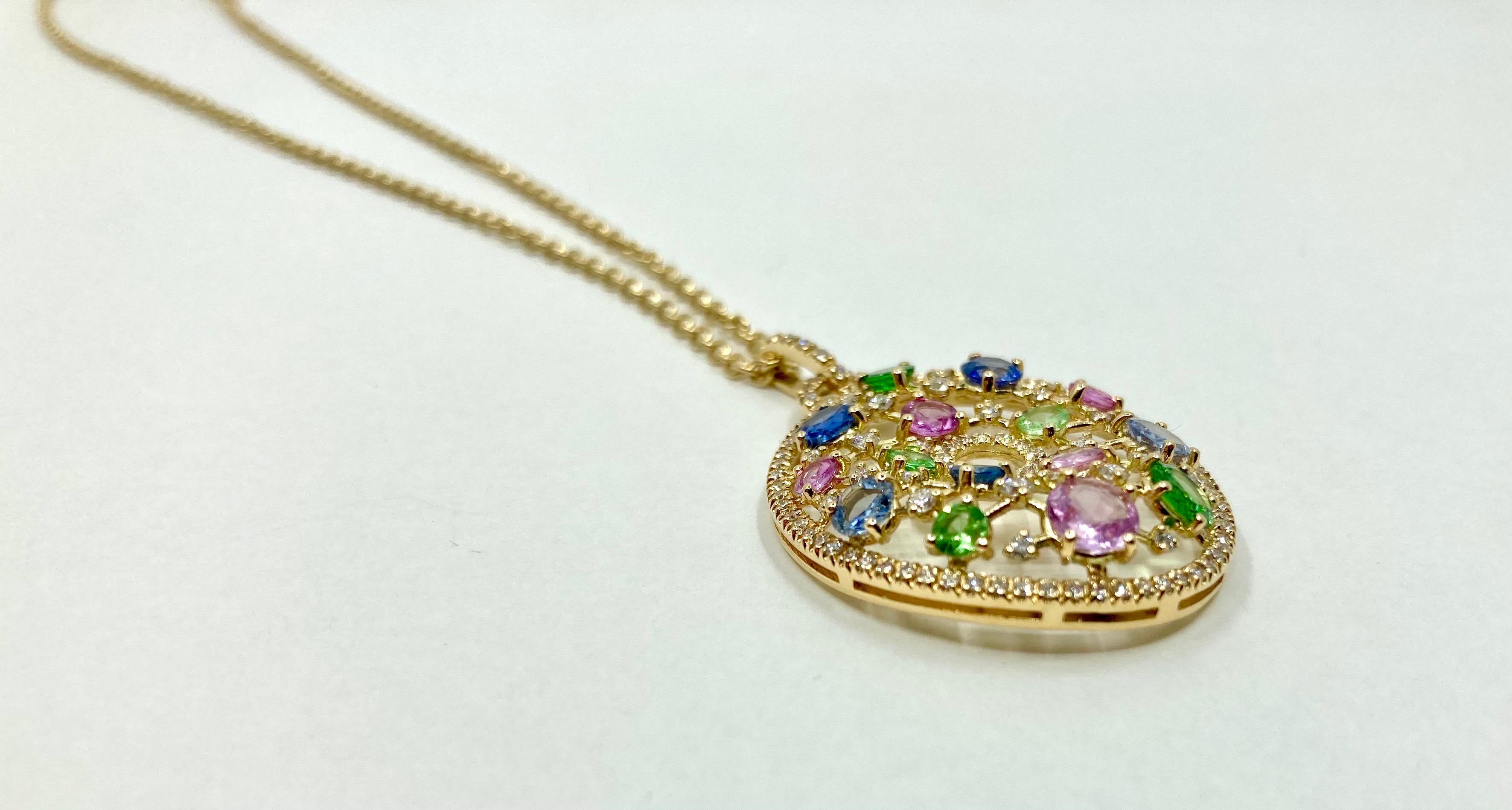 Brilliant Cut 18 Karat Gold Sapphires, Diamonds and Tsavorite Italian necklace For Sale