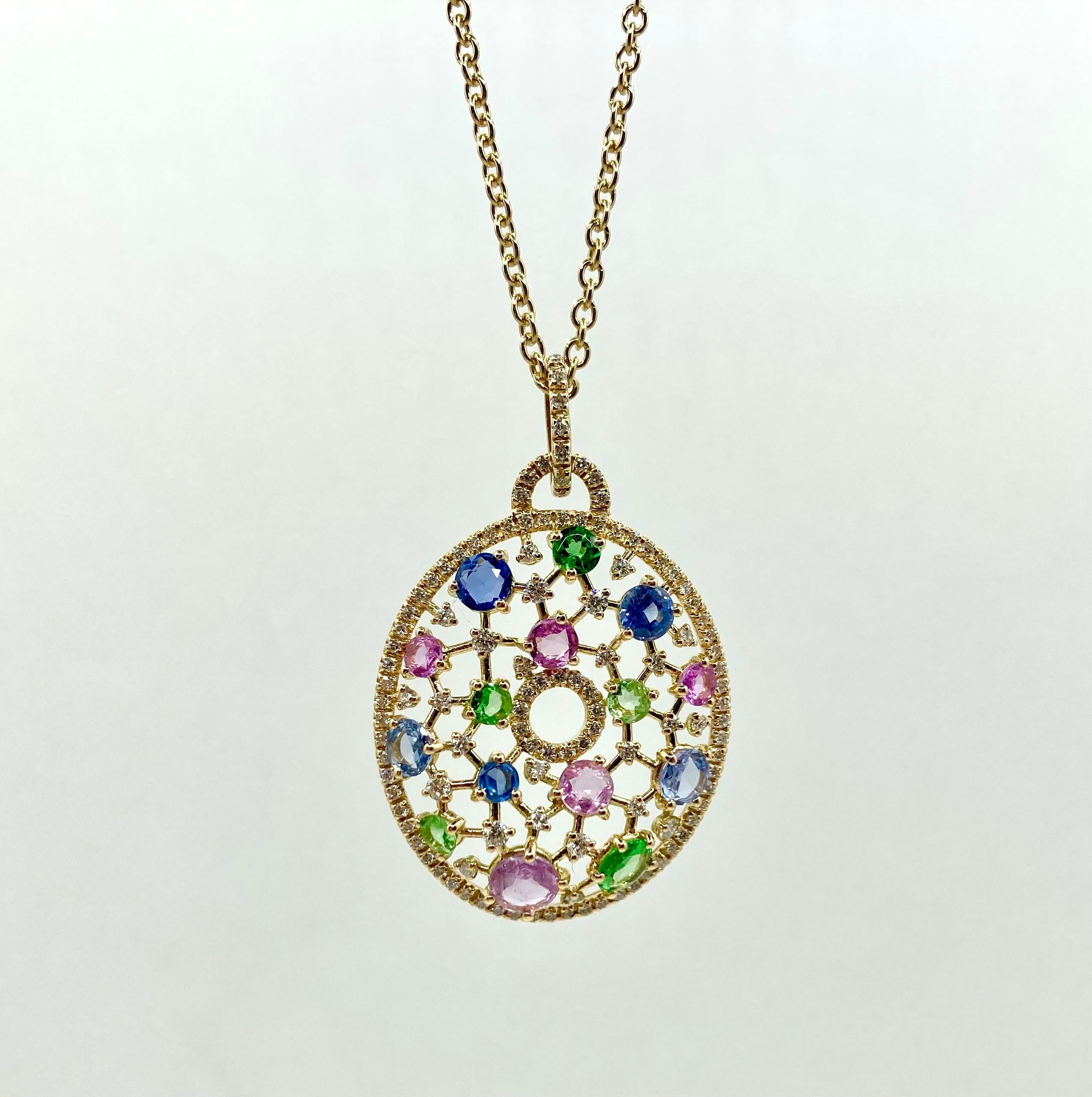 18 Karat Gold Sapphires, Diamonds and Tsavorite Italian necklace In New Condition For Sale In Valenza, IT
