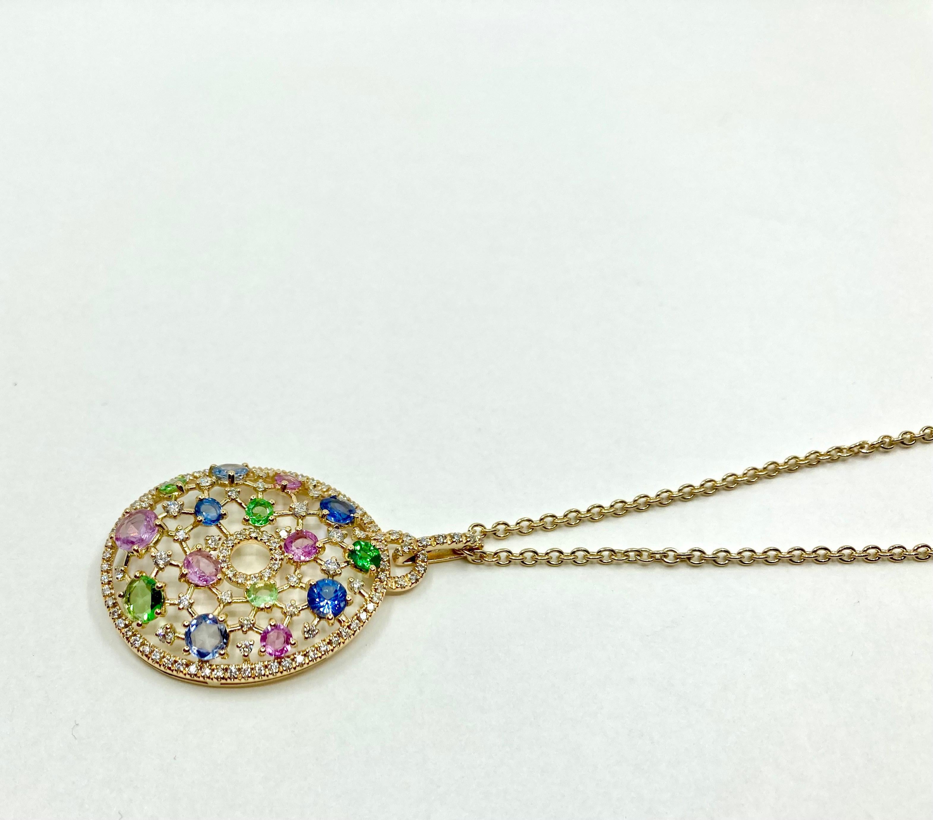 Women's 18 Karat Gold Sapphires, Diamonds and Tsavorite Italian necklace For Sale