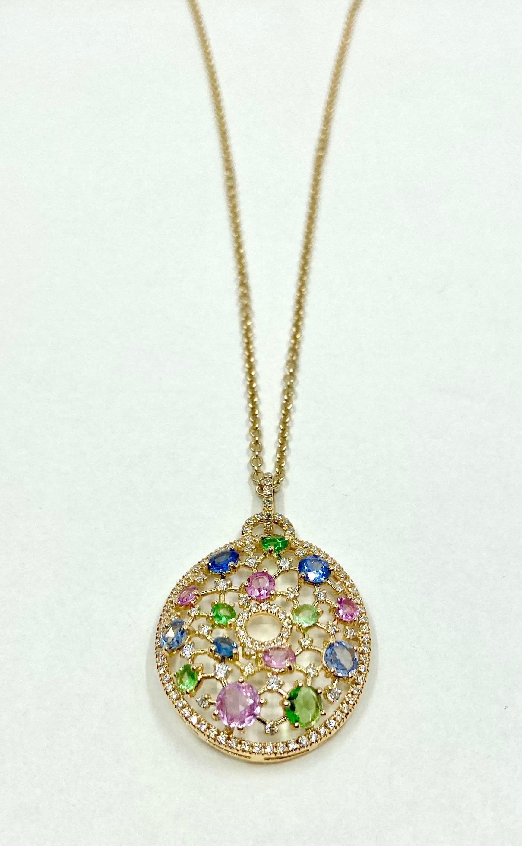18 Karat Gold Sapphires, Diamonds and Tsavorite Italian necklace For Sale 1