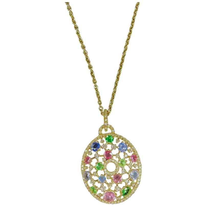 18 Karat Gold Sapphires, Diamonds and Tsavorite Italian necklace For Sale