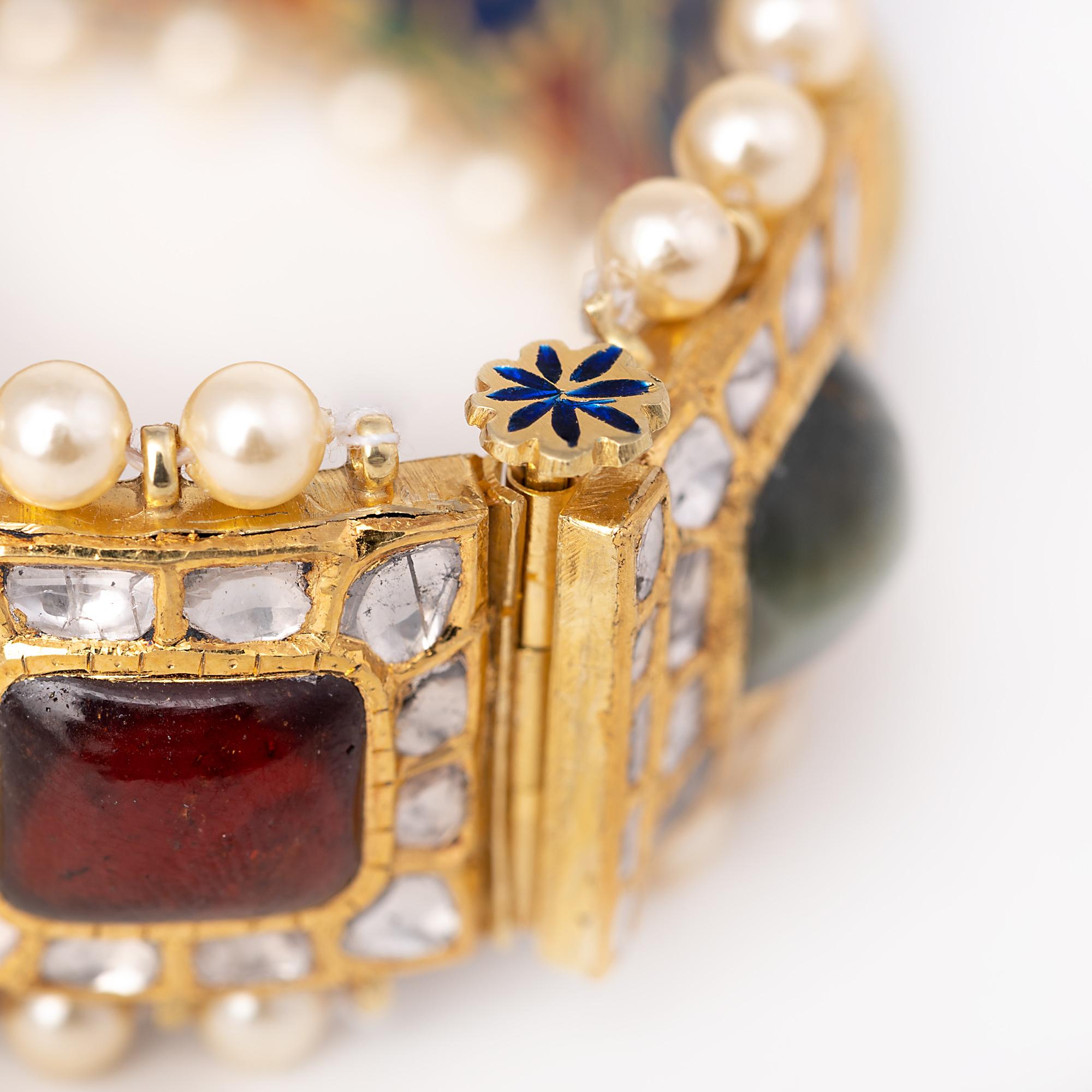 Anglo-Indian 18 Karat Gold Nine Precious Gems Statement Handcrafted Bracelet with Enamel Work For Sale