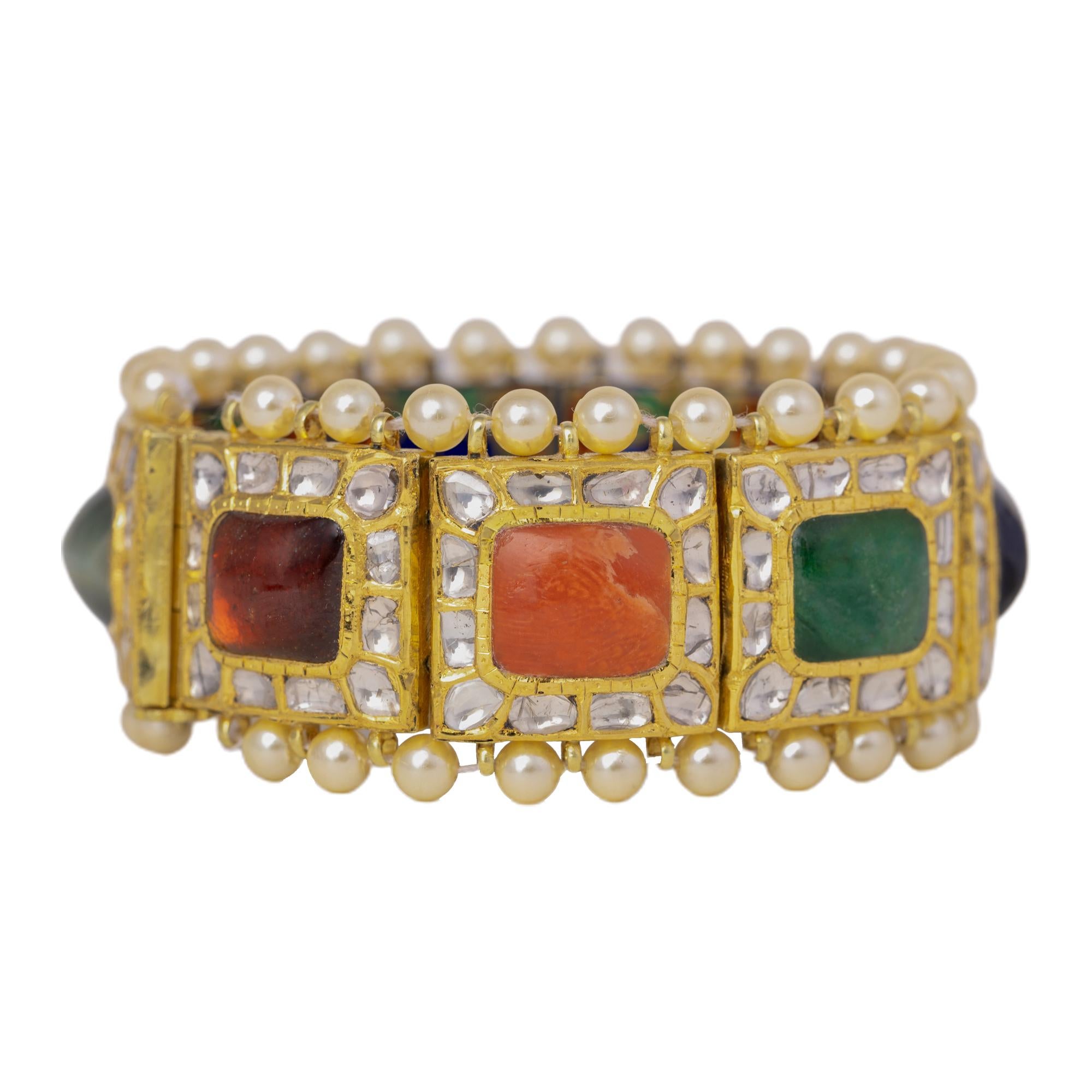 Cabochon 18 Karat Gold Nine Precious Gems Statement Handcrafted Bracelet with Enamel Work For Sale