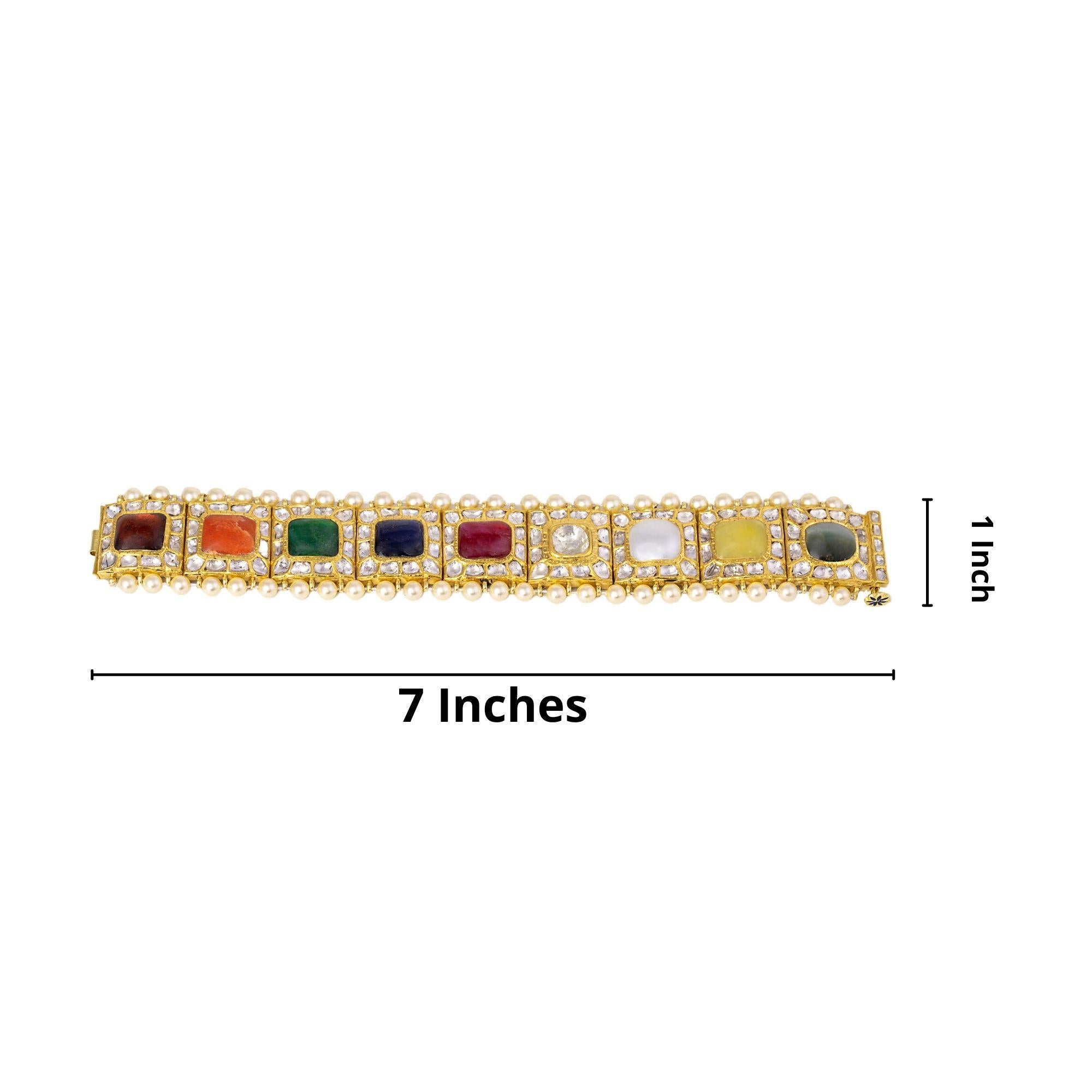 18 Karat Gold Nine Precious Gems Statement Handcrafted Bracelet with Enamel Work In New Condition For Sale In Jaipur, IN