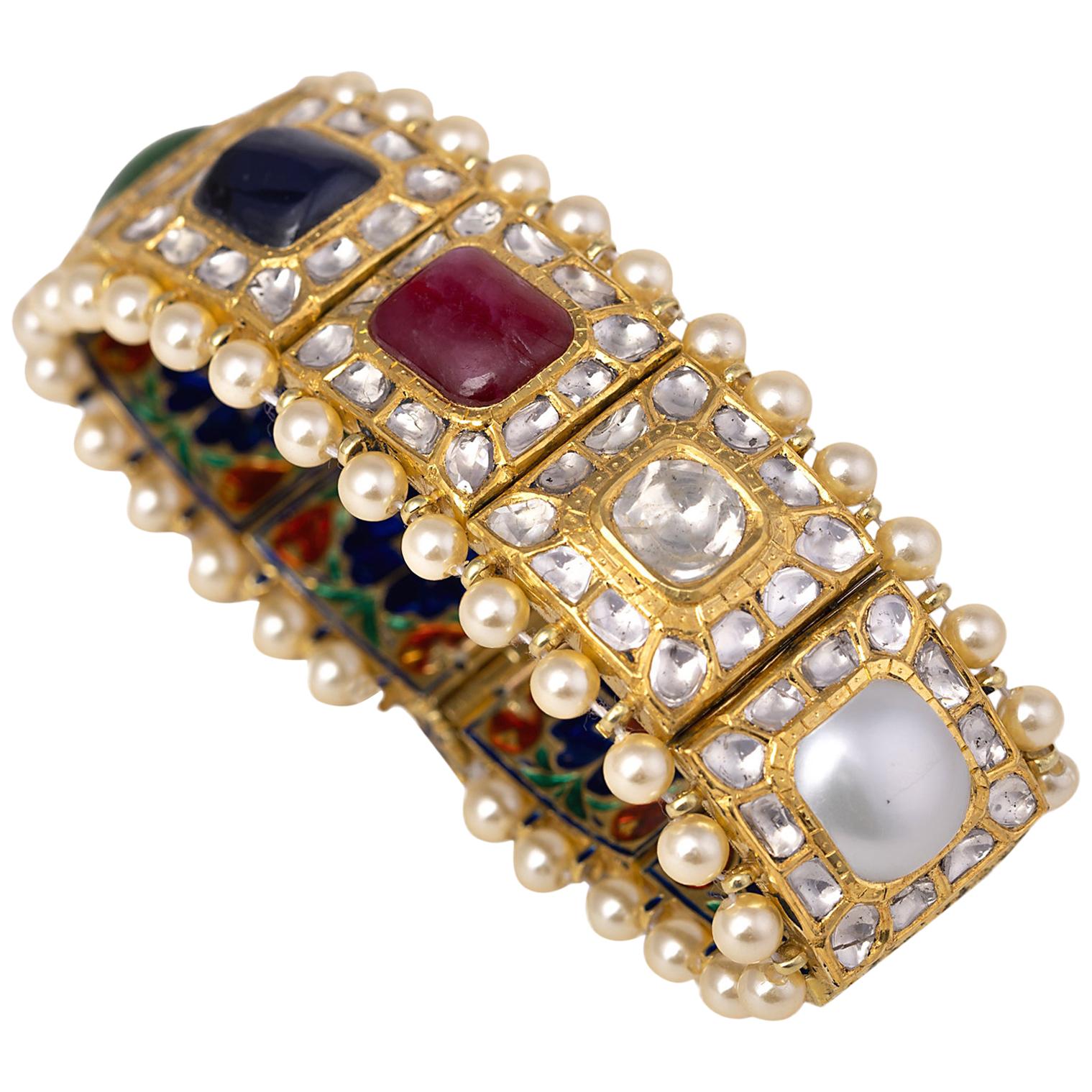 18 Karat Gold Nine Precious Gems Statement Handcrafted Bracelet with Enamel Work For Sale