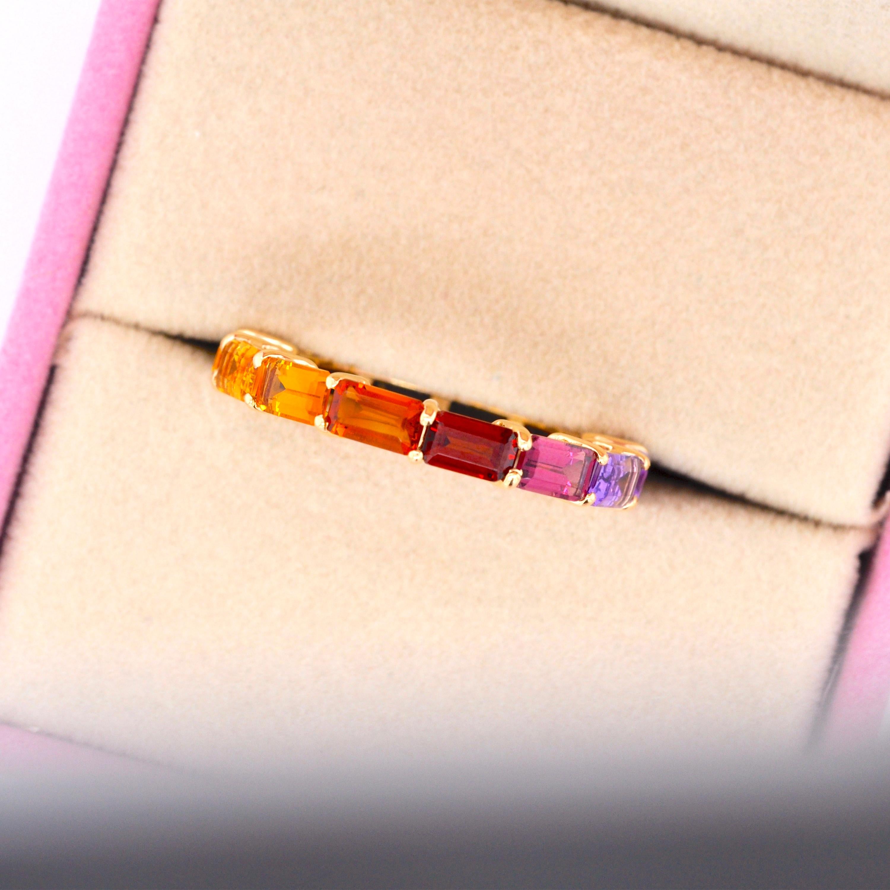 For Sale:  18 Karat Gold Octagon Multicolor Rainbow Gemstones Prong Set Eternity Band Ring 4