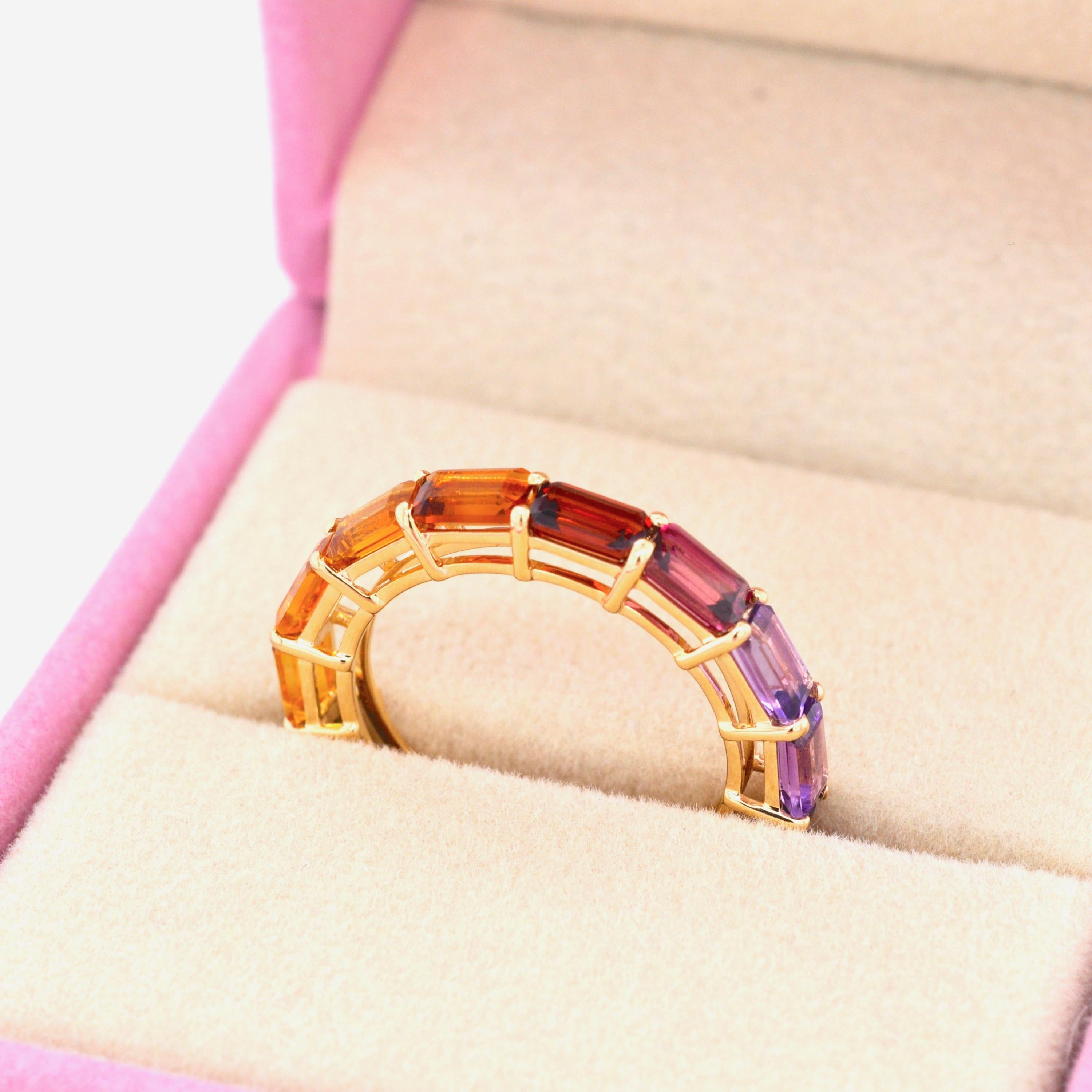 For Sale:  18 Karat Gold Octagon Multicolor Rainbow Gemstones Prong Set Eternity Band Ring 5