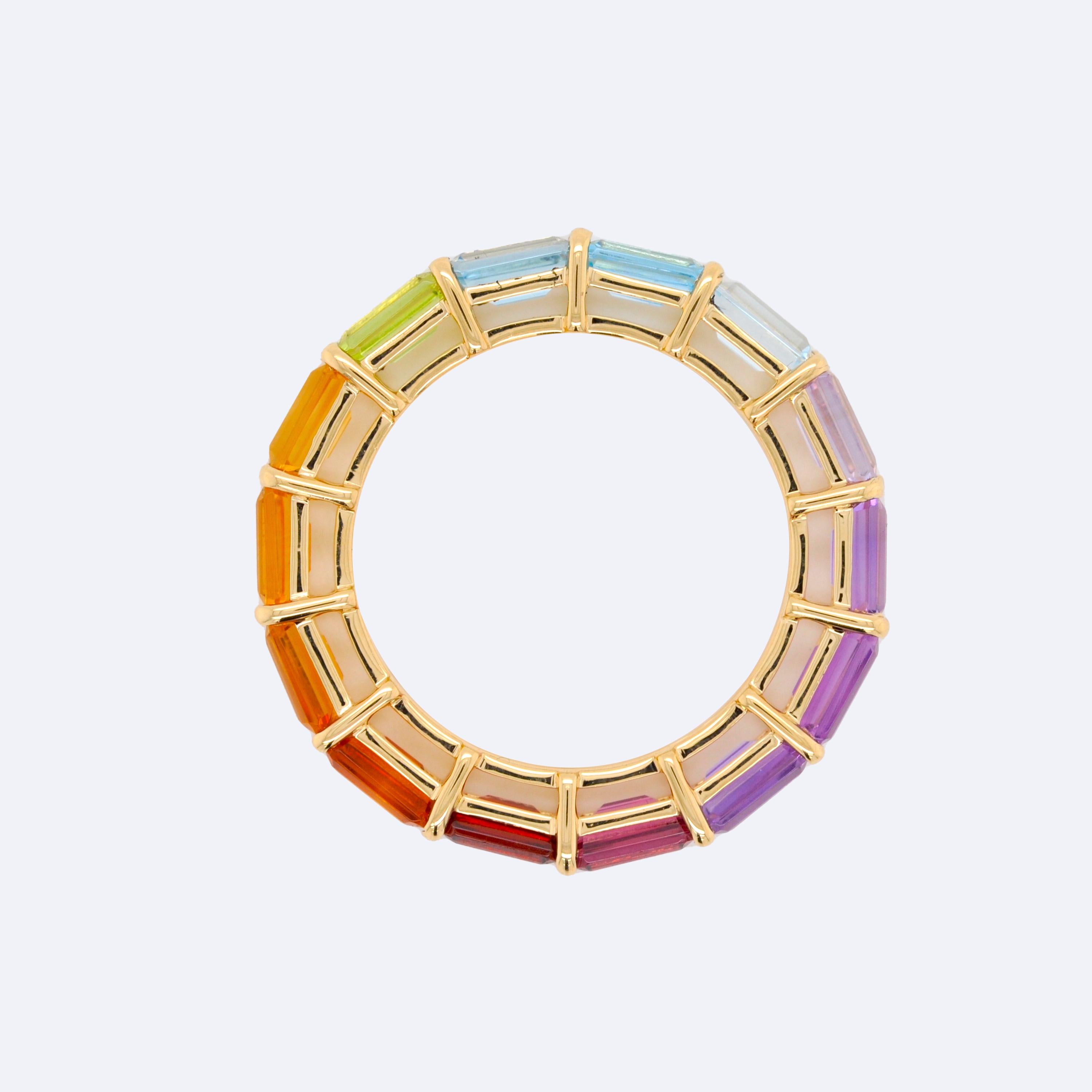 For Sale:  18 Karat Gold Octagon Multicolor Rainbow Gemstones Prong Set Eternity Band Ring 9