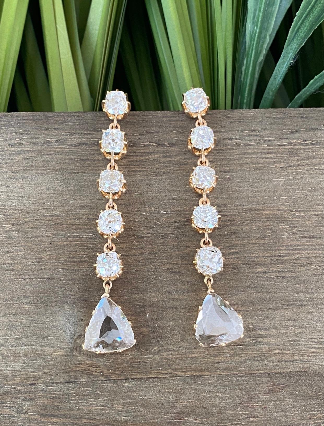 What a find! Victorian 18k yellow gold diamond long dangling earrings. Please see all photos of this amazing setting and 12 Carat of glistening diamonds. We added the large 2 rose cut diamonds ( also in original Victorian mounting) at bottom in