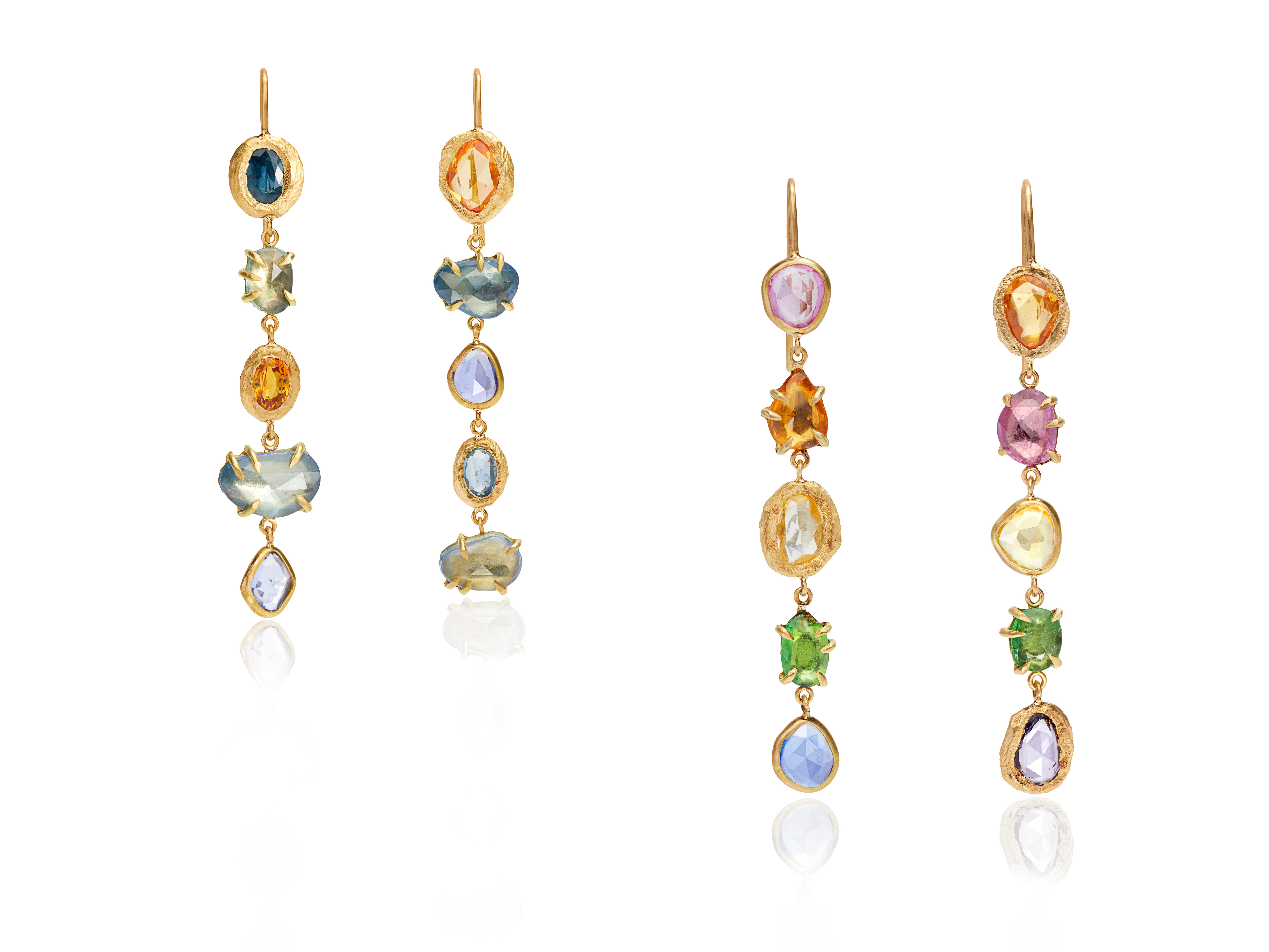 18kt one-of-a-kind gold drop earrings with ten multi color stones including blue sapphire, yellow sapphire, orange sapphire, pink sapphires and Tsavorite stones.

This collection is based on Bach's 